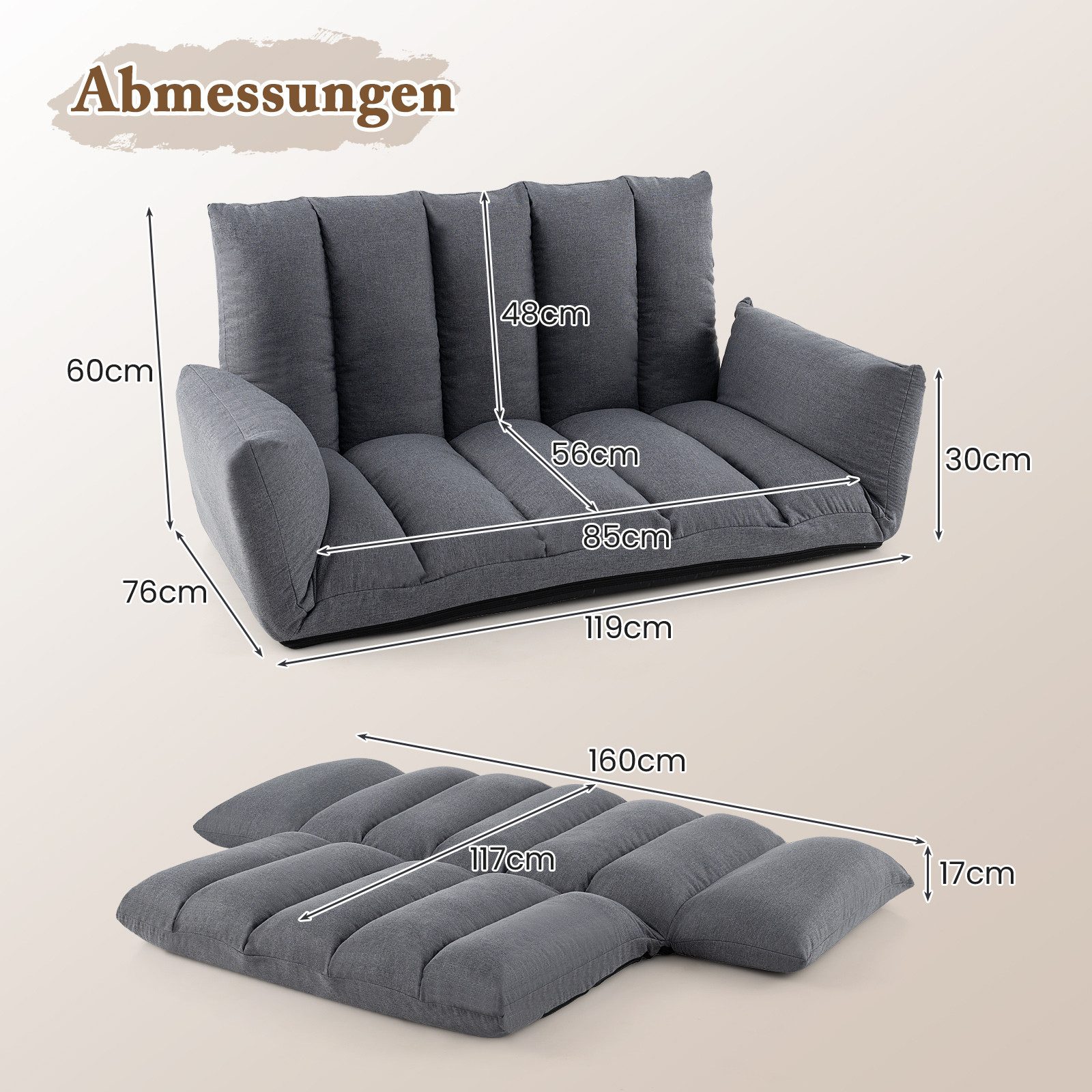COSTWAY Schlafsofa, Bodensofa mit verstellbarer Rückenlehne & Armlehnen, klappbar