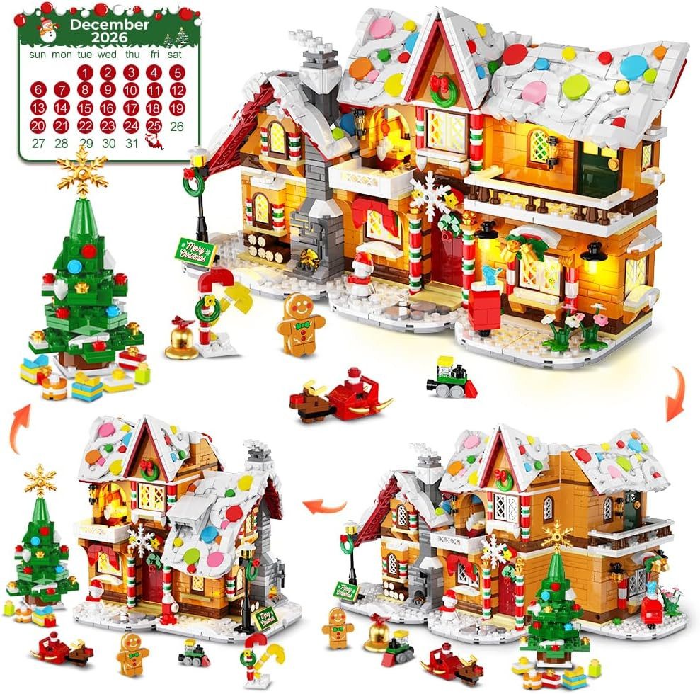 HOGOKIDS Spielzeug-Adventskalender Adventskalender 2026 Weihnachtsdorf mit 1452 Mini Bausteinen (Set, 1452-tlg), Lebkuchenhaus mit LED und 3 Weihnachtsvarianten