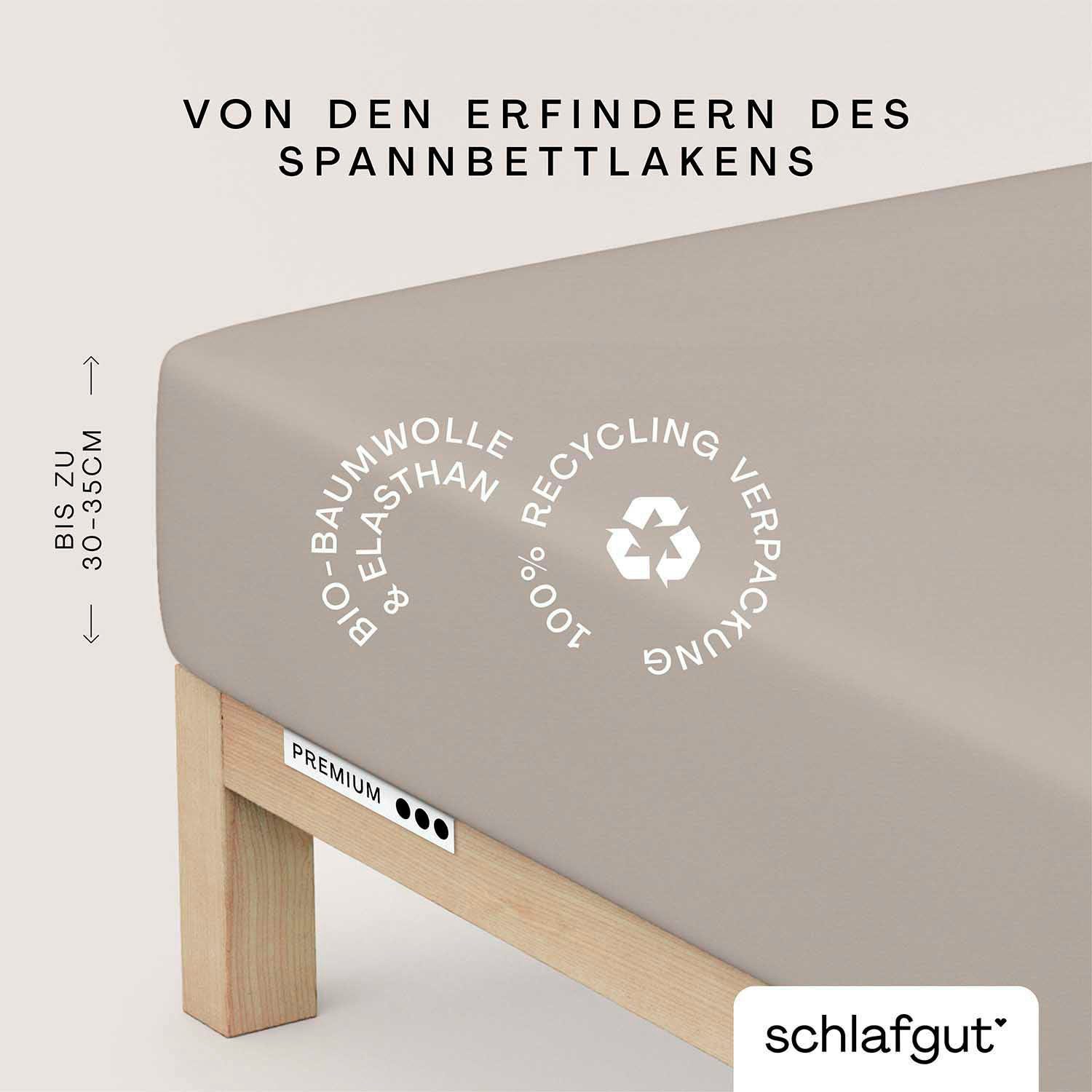 Schlafgut Spannbettlaken PREMIUM Mako-Zwirn-Jersey, 220 g/m², 95% Bio-Baumwolle, 5% Elasthan, Mako-Zwirn-Jersey, Gummizug: rundum, (1 Stück), Bettlaken bis 30 cm Höhe, PREMIUM-Qualität langlebig, perfekter Sitz