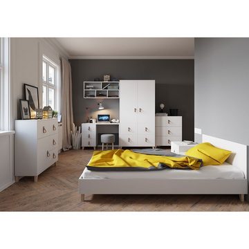 MOEBLO Kommode FAGO 4S1D 03 (Sideboard Wohnzimmer Kommode Schlafzimmer Komodenschrank Highboard, Griffe aus Leder, weiß), (B x H x T): 90x96,50x45 cm