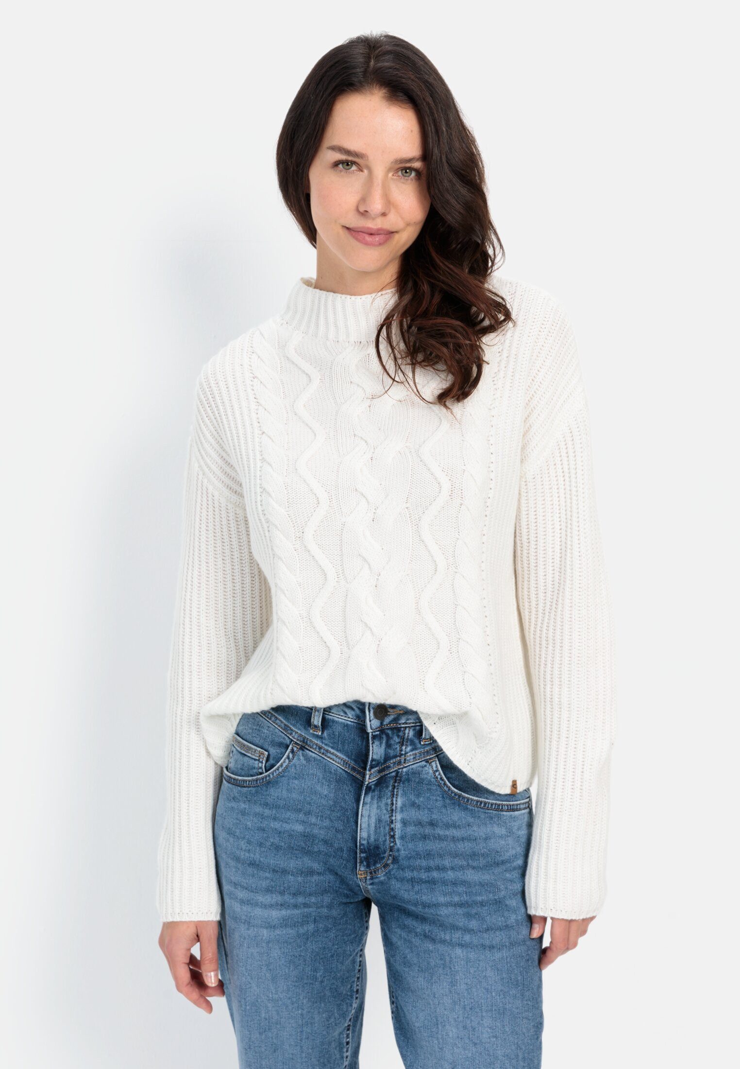 camel active Strickpullover mit Zopfmuster Langarm Rundhals Markenlogo günstig online kaufen