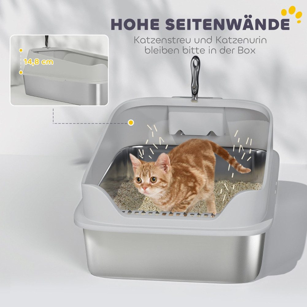 FANNOU Katzentoilette für große Katzen bis 12 kg, 69,8 x 50,3 x 29,8 cm, Edelstahl Offene Katzenklo mit Schaufel hohem Rand