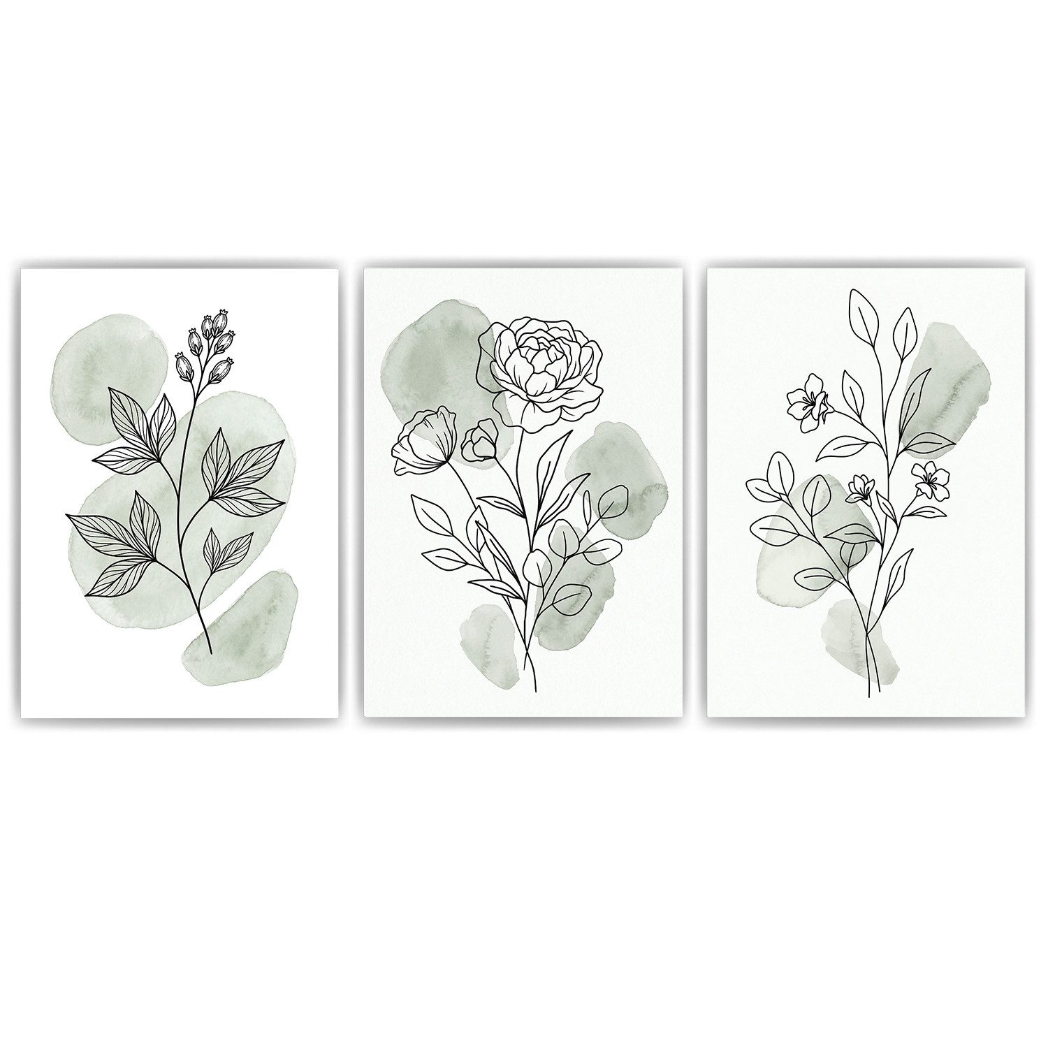 Tigerlino Poster Botanische Poster 3er Set Salbeigrün Blumen Line Art Wandbilder