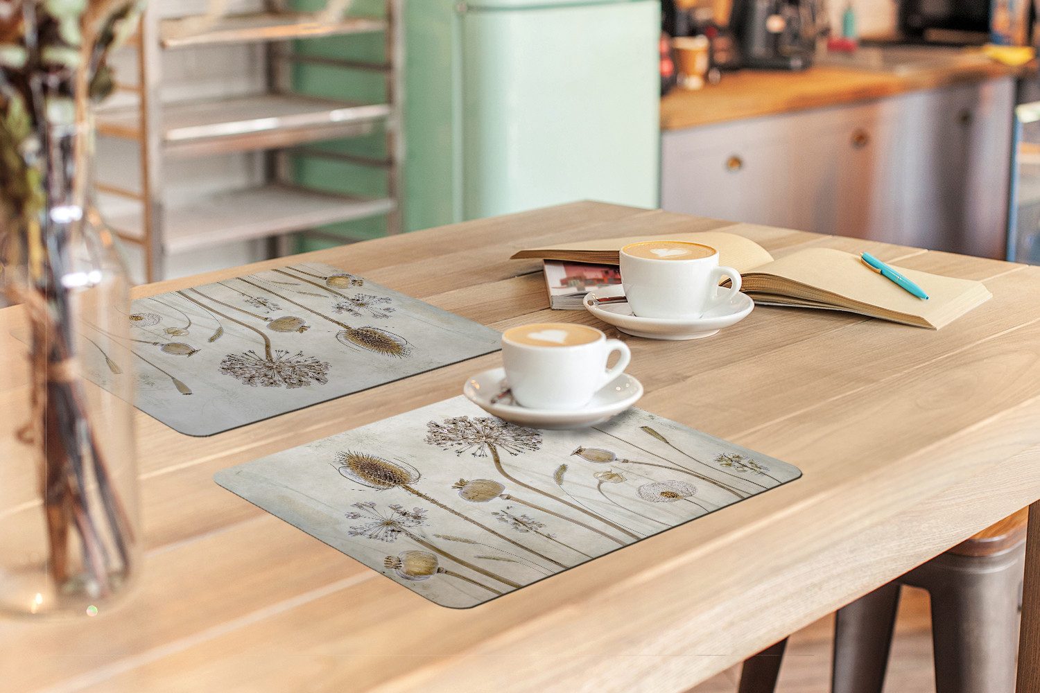 MuchoWow Platzset Blumen - Aquarell - Stilleben - Braun - Vintage, (6-St), Platzsets, Tischset, Abwaschbar, Tischsets, Platzdeckchen