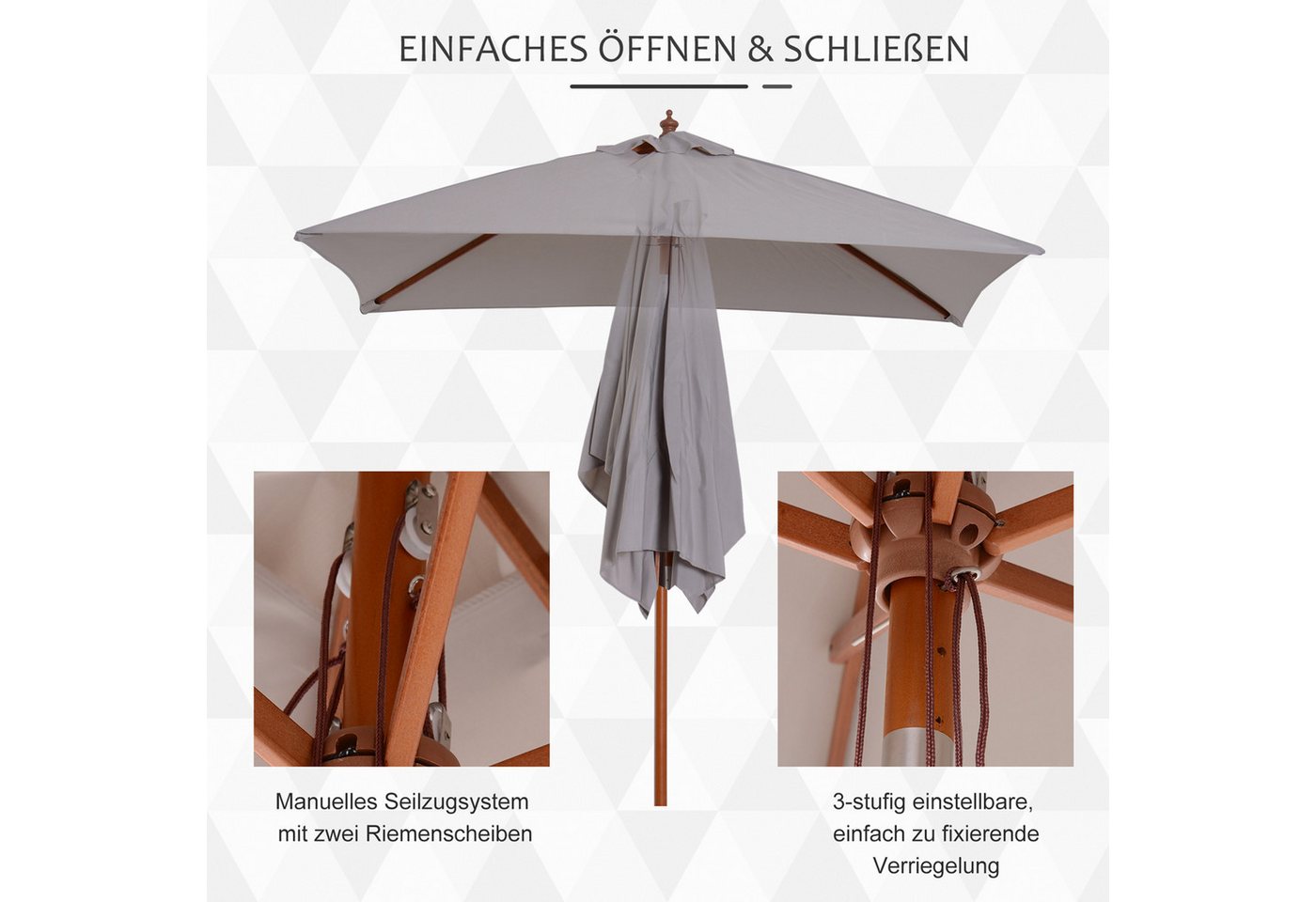 Thumbnail - MC Star Sonnenschirm Knickbarer Gartenschirm Strandschirm 3-stufig einstellbar, Tannenholz+Polyester Grau 200 x 150 x 23...