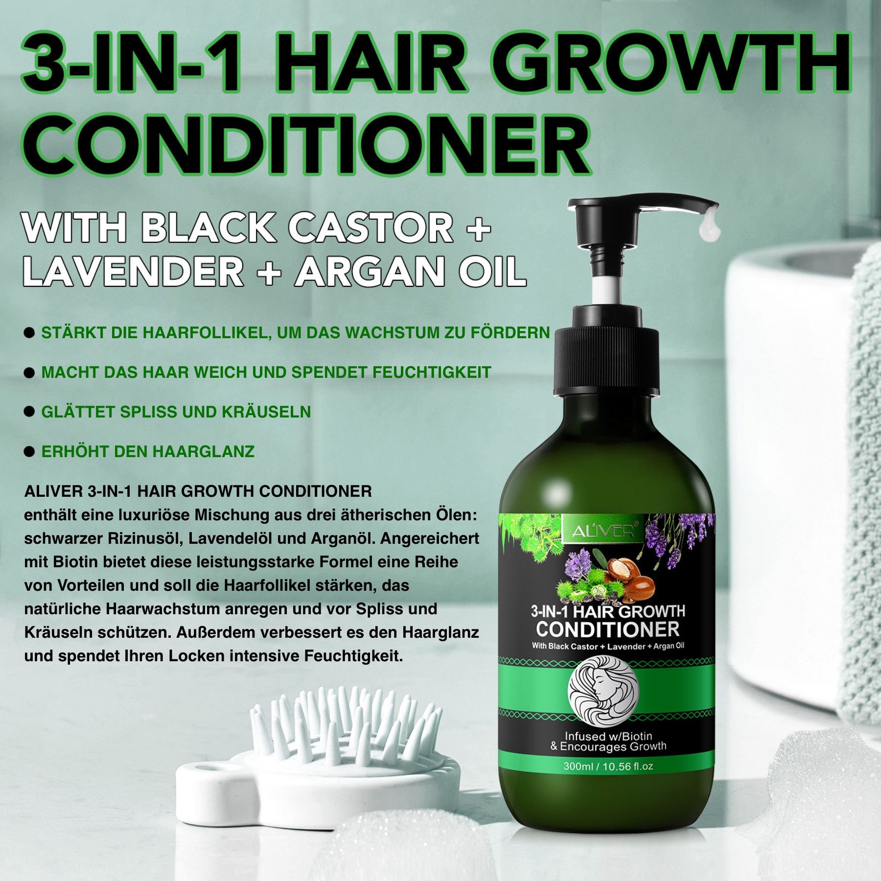 ALIVER Haarspülung Haar Conditioner Haarpflege mit Biotin Rizinusöl Lavendelöl Arganöl, 3-tlg., Biotin