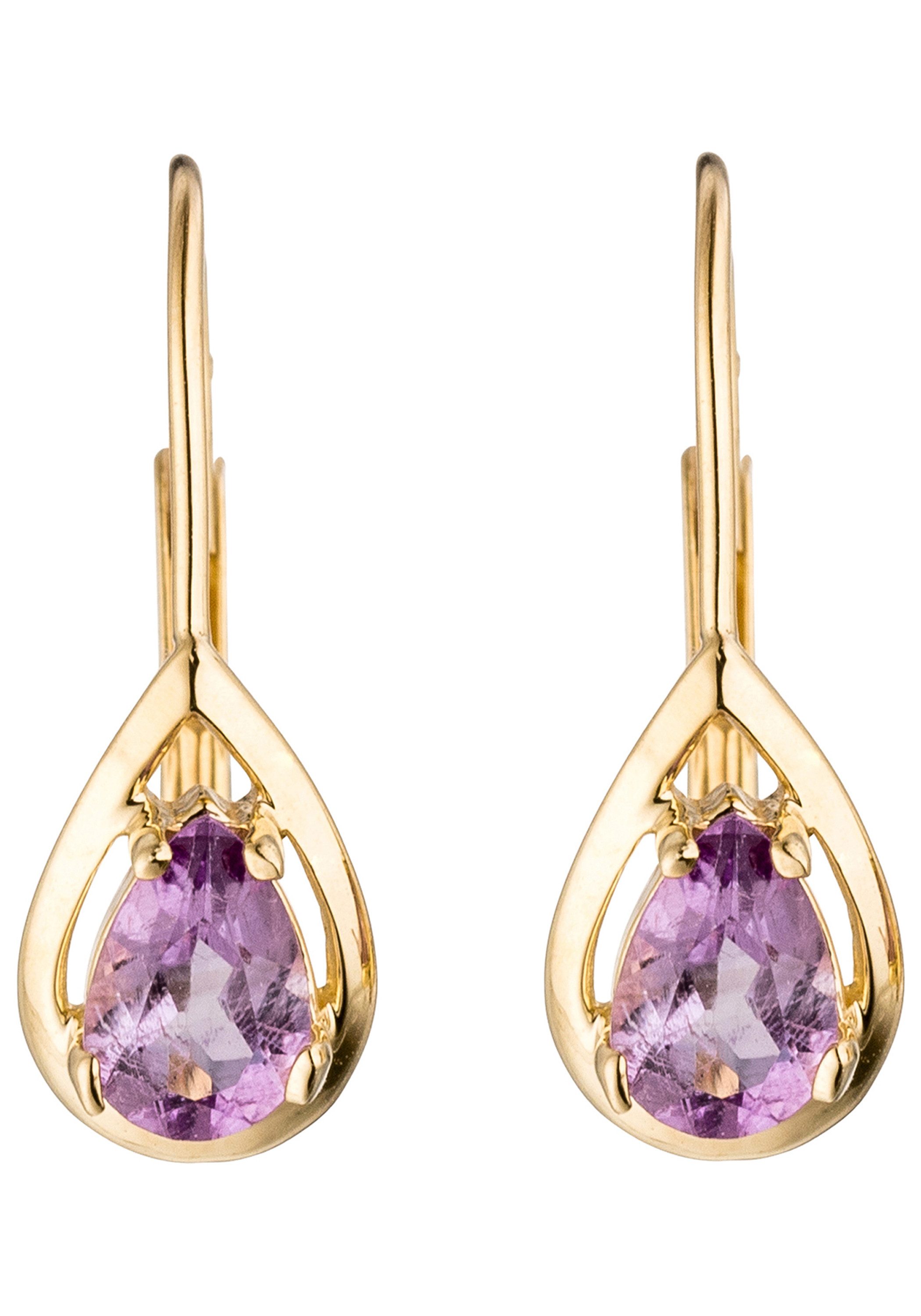 JOBO Paar Ohrhänger, Tropfen 333 Gold mit Amethyst