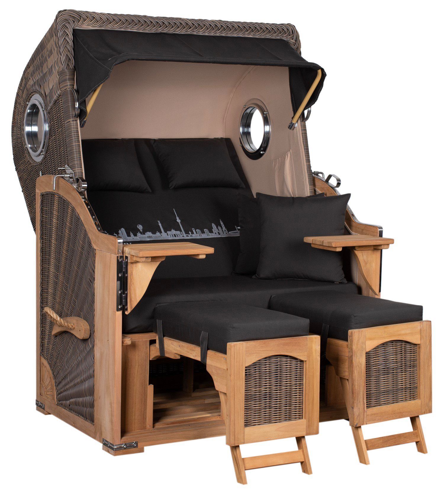 bene living Strandkorb Ammersee 2-Sitzer Teak - PE grau - Skyline Berlin, BxTxH: 125x80x165 cm, Volllieger ca. 175 Grad, Ostsee-Strandkorb, Städtename