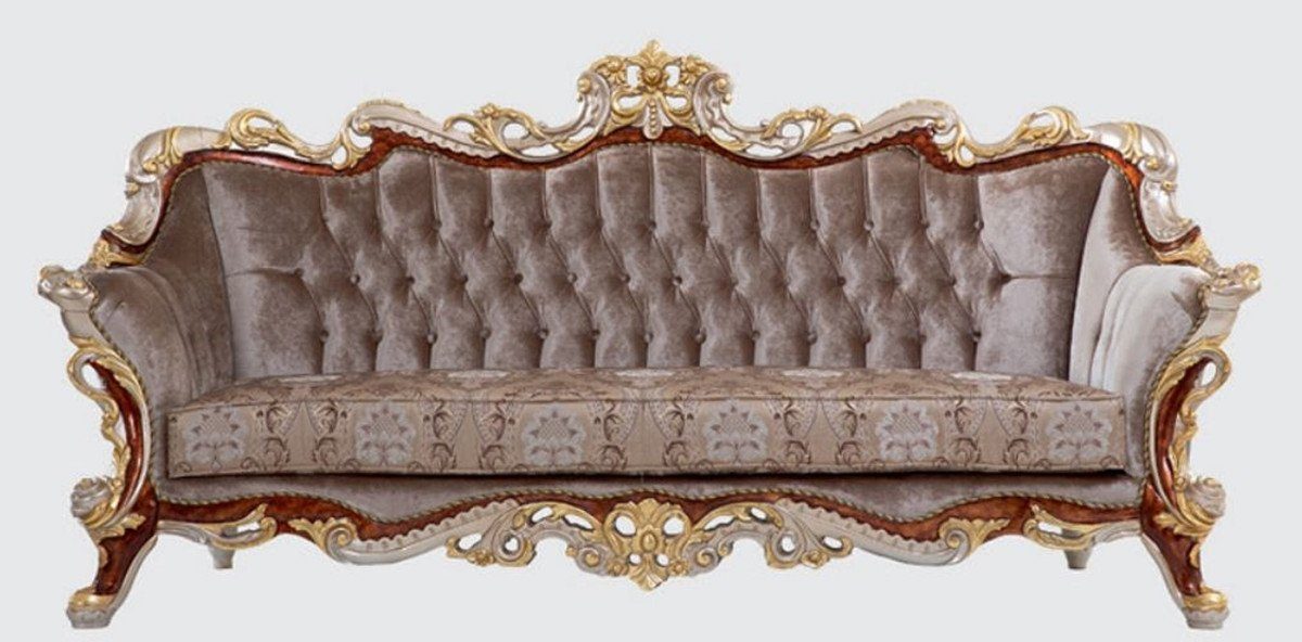 Casa Padrino Sofa Luxus Barock Sofa Grau / Braun / Silber / Gold 255 x 95 x H. 118 cm - Prunkvolles Wohnzimmer Sofa mit elegantem Muster - Möbel im Barockstil