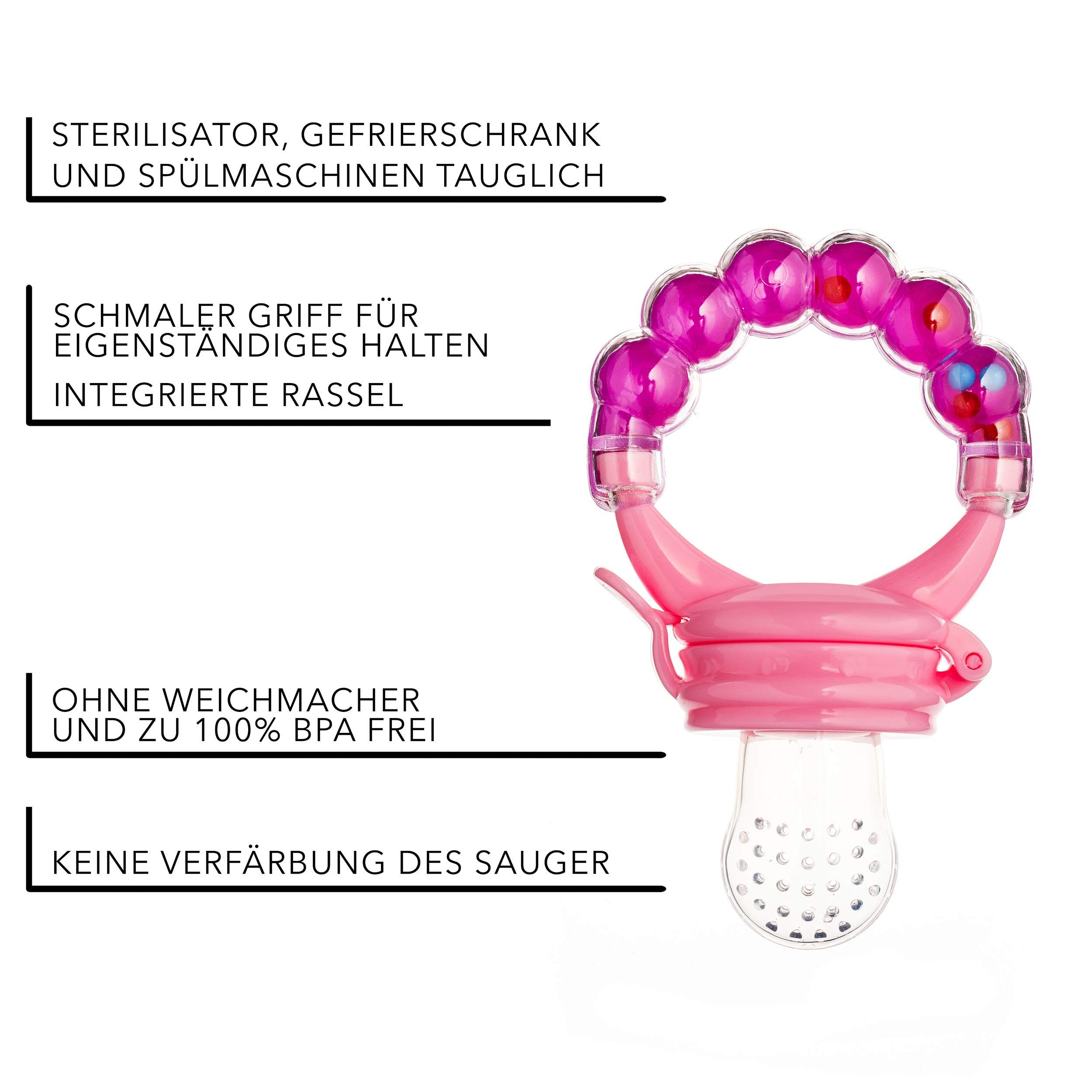 BabyHerz Schnuller Baby Fruchtsauger Schnuller für Obst und Gemüse - 2x Rasselschnuller, Zwei Fruchtsauger + Ersatz – spielerisch, sicher & BPA-frei genießen