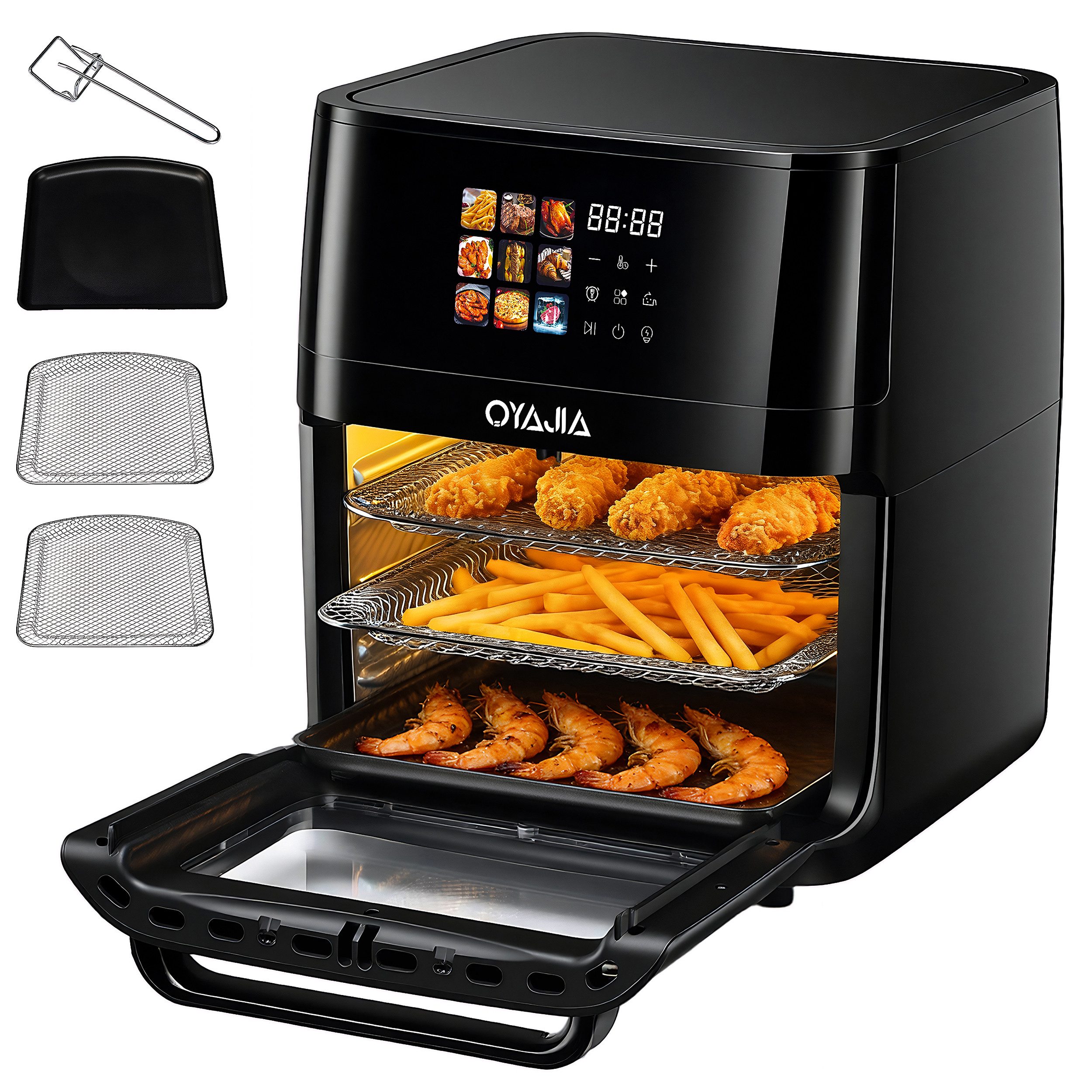 oyajia Heißluftfritteuse Multifunktionsofen 15L, Backofen Umluft, Grill, Dörrautomat, Air Fryer, 2000 W, XXL Fritteuse ohne Öl mit Zubehör für Pizza, Hähnchen, Pommes uvm.