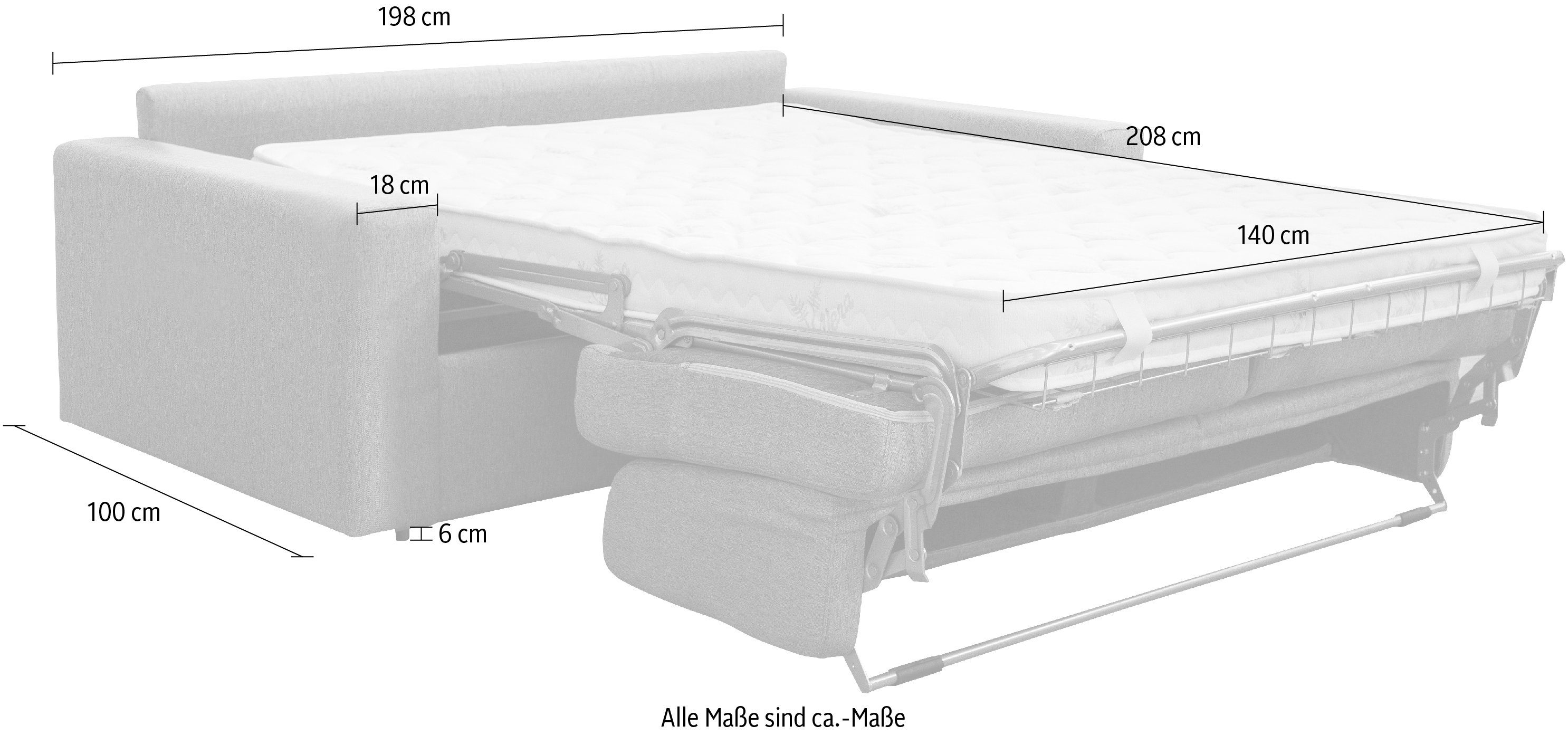 Nias Italia Schlafsofa Sorano, Bettunterbau, klappbaren Liegefläche 140/205 cm ash inklusive Matratze und