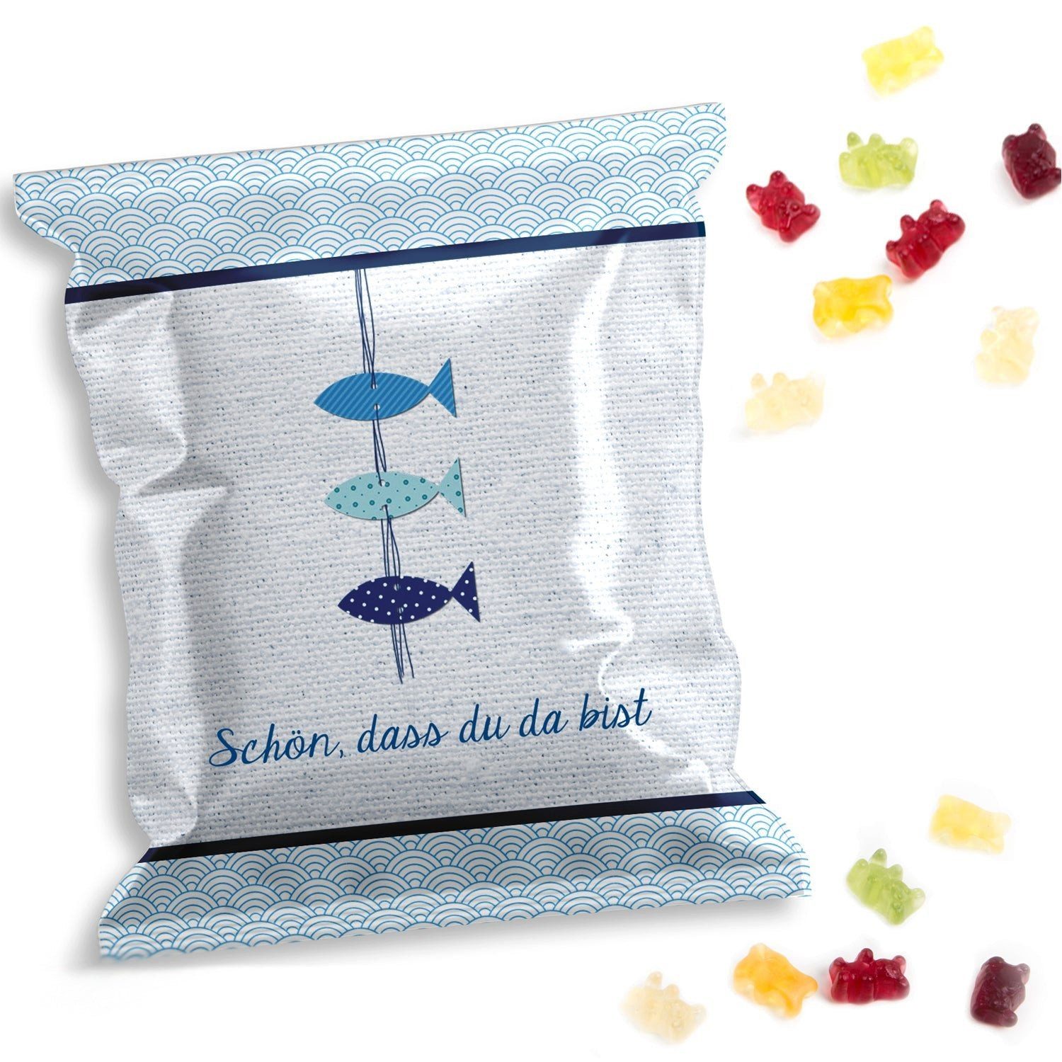 Logbuch-Verlag Dekofigur 10 Fruchtgummi Päckchen FISCHE blau - Gummibärchen als Tischdeko