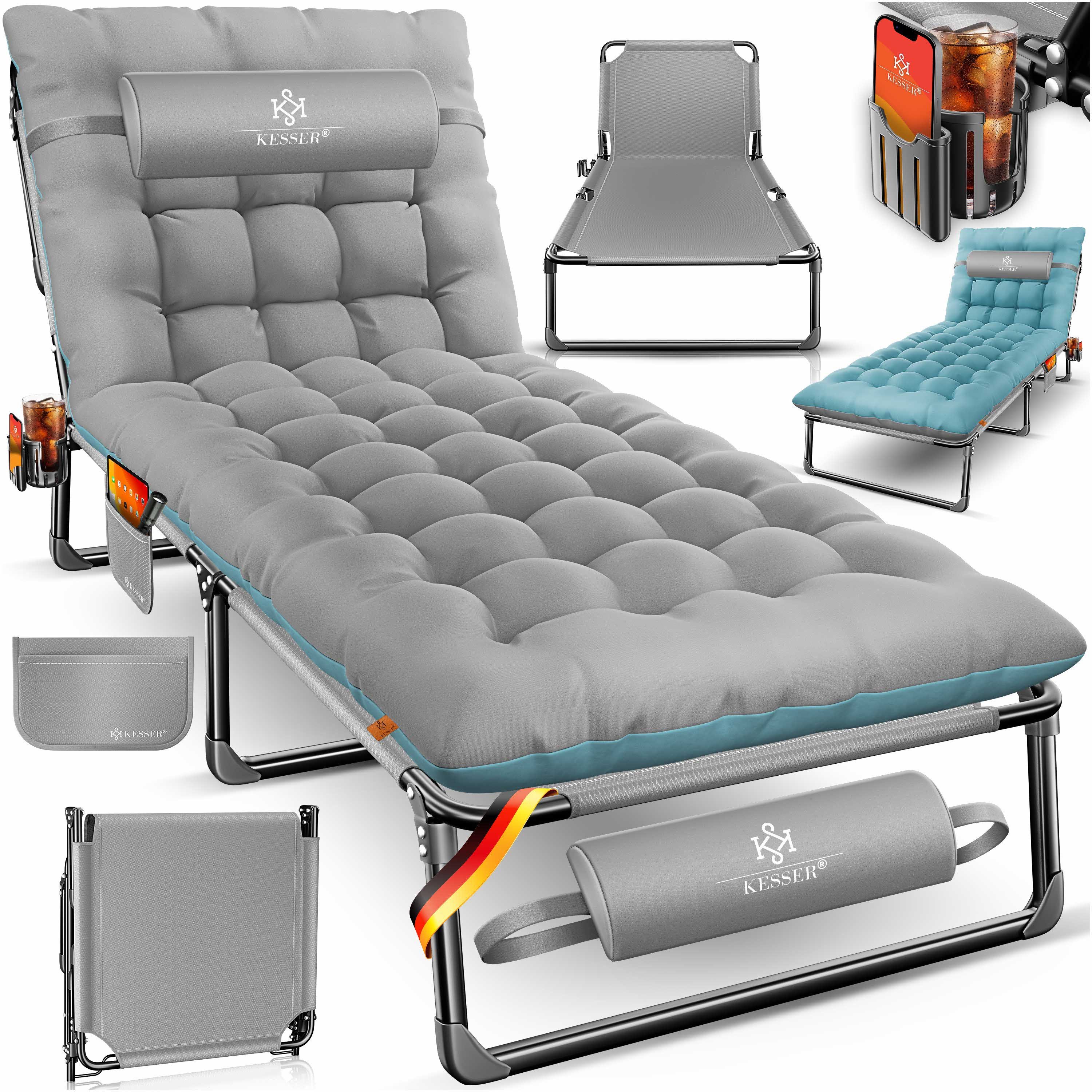 KESSER Campingliege Campingbett Campingliege Angelliege Karpfenliege klappbar (mit Tragetasche, Getränkehalter & Nackenkissen bis 250 kg belastbar) 190 x 68 x 30 cm strapazierfähiges Oxford-Gewebe stabiles Stahlgerüst