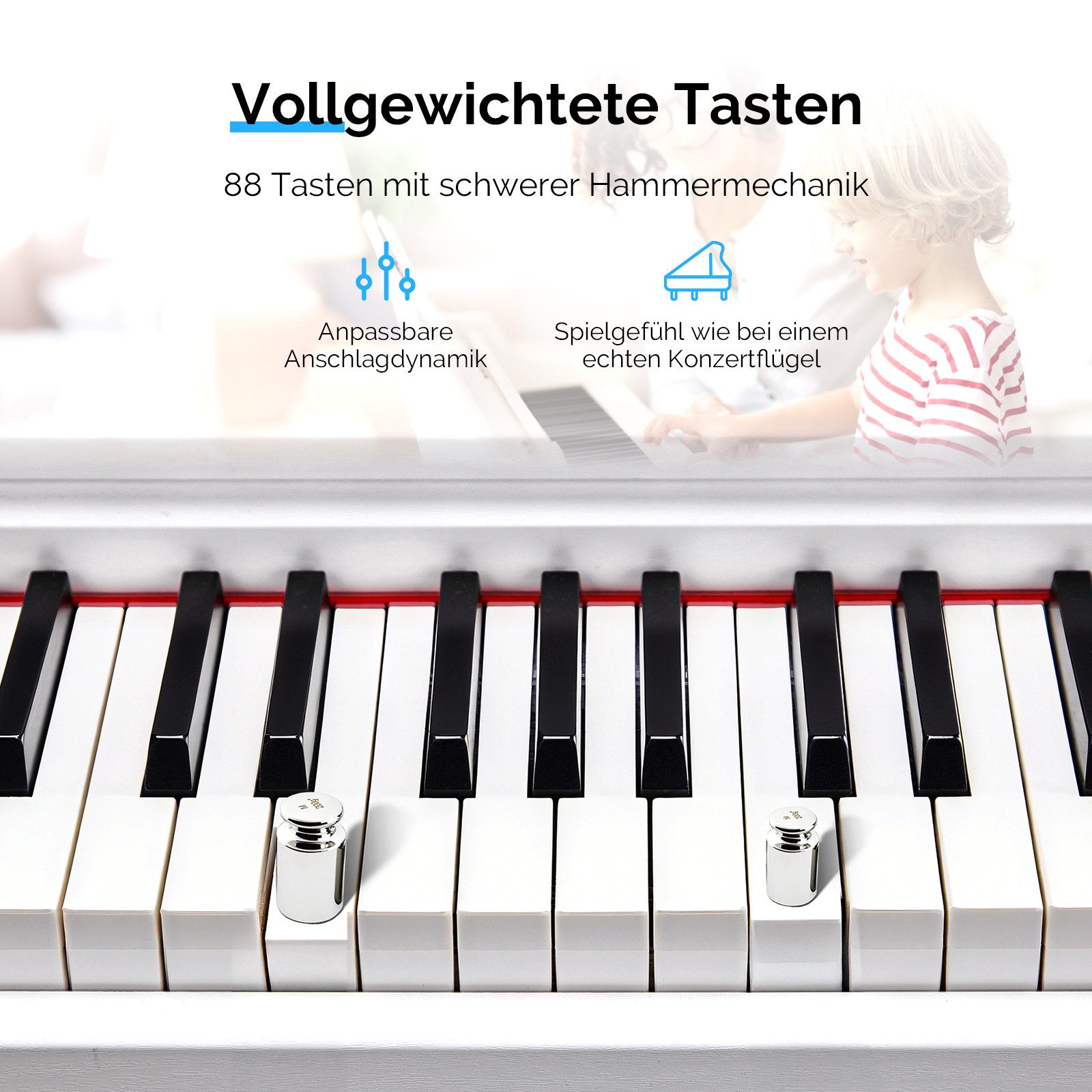 VINGLI Digitalpiano GDP-104 E Piano 88 Tasten, vollgewichtete Tastaturen, Dual Bluetooth, Digitalpiano mit Klavierständer, Weiß/Schwarz/Schwarznussbraun – Bild 3 von 5