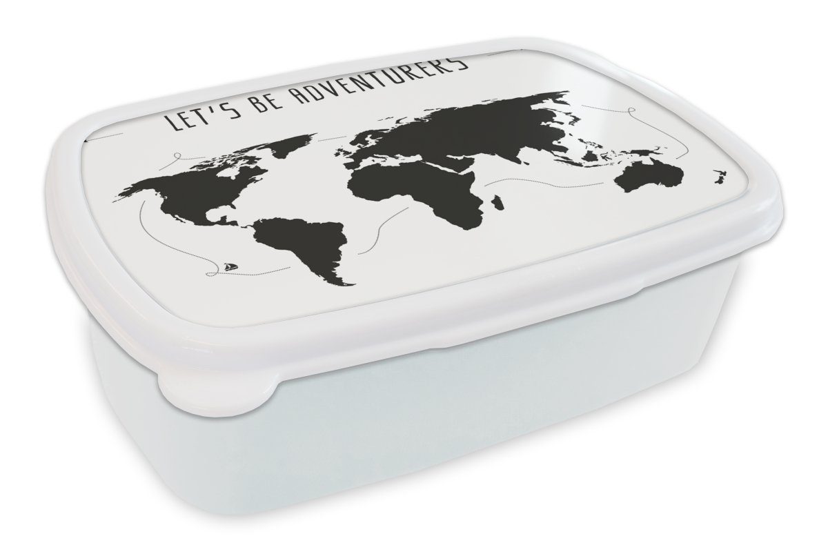 MuchoWow Lunchbox Weltkarte - Zitat - Schwarz - Weiß - Kind - Mädchen, Kunststoff, (2-tlg), Brotbox für Kinder und Erwachsene, Brotdose, für Jungs und Mädchen