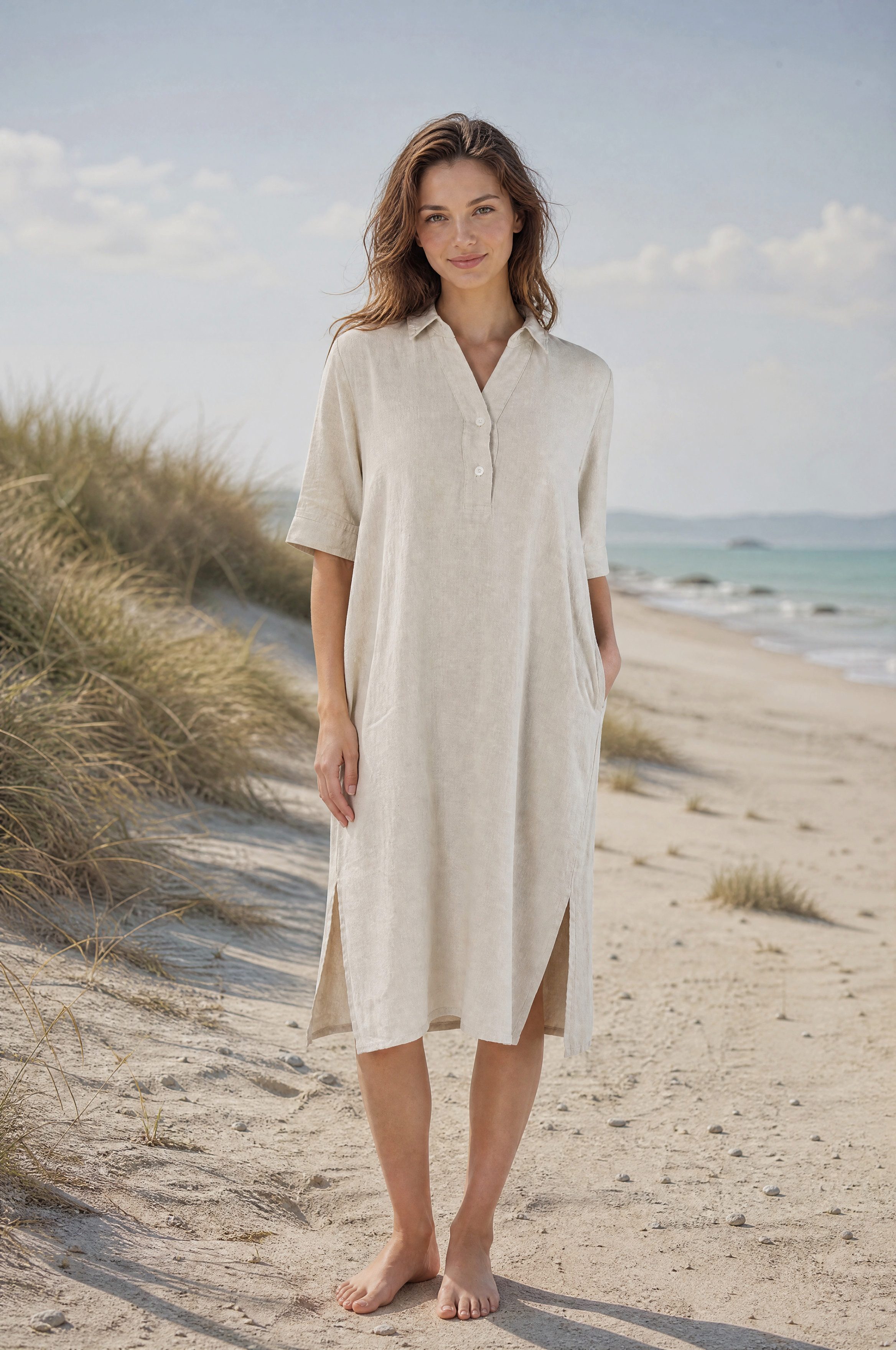 NADINE H Sommerkleid Leinenkleid im schönen Beige mit Taschen und V-Ausschnitt