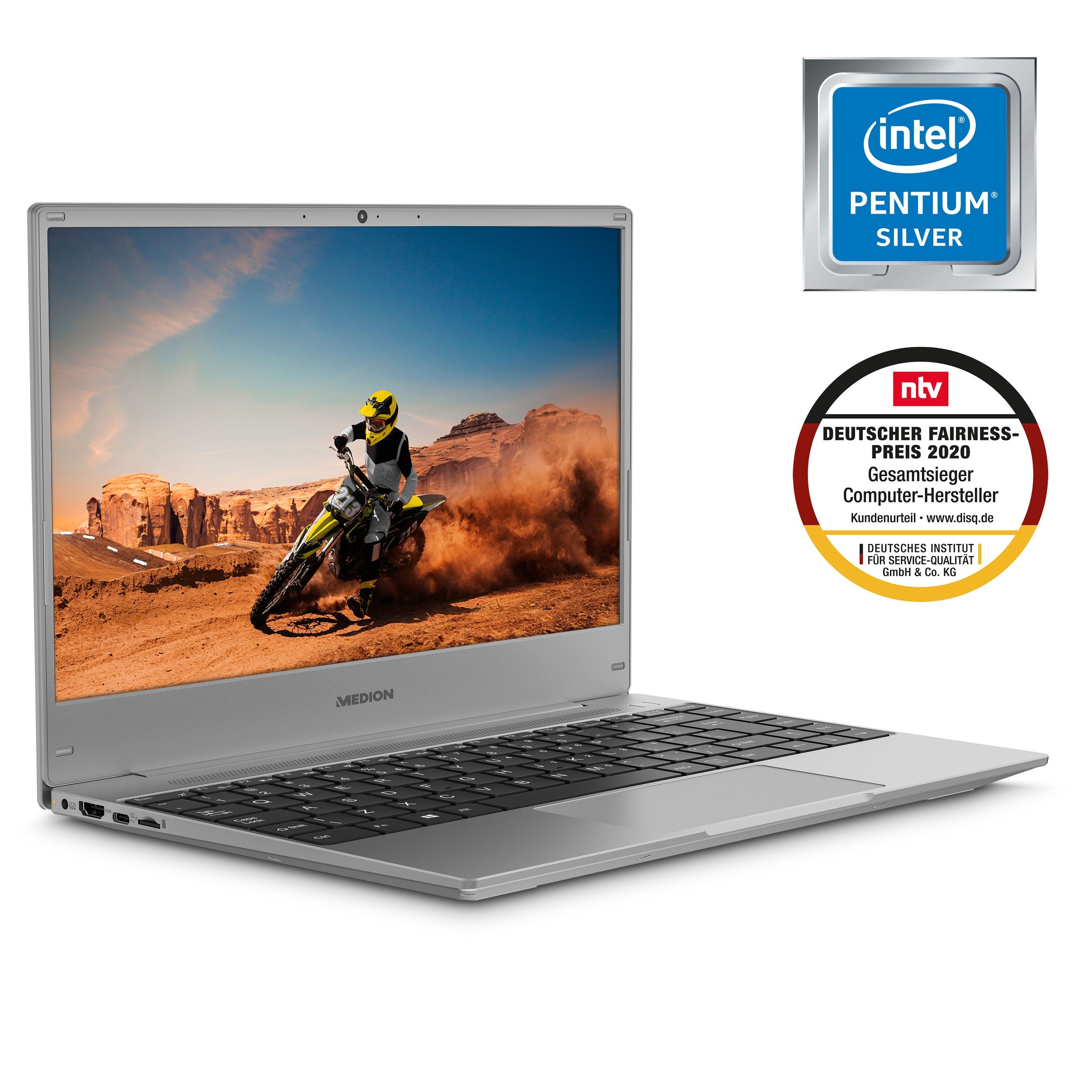Medion® E13204 Notebook (33.7 N5030, MD64020) SSD, Zoll, cm/13.3 128 Windows Intel Intel® GB Full-HD 11, Pentium UHD, 4GB, Silver Display