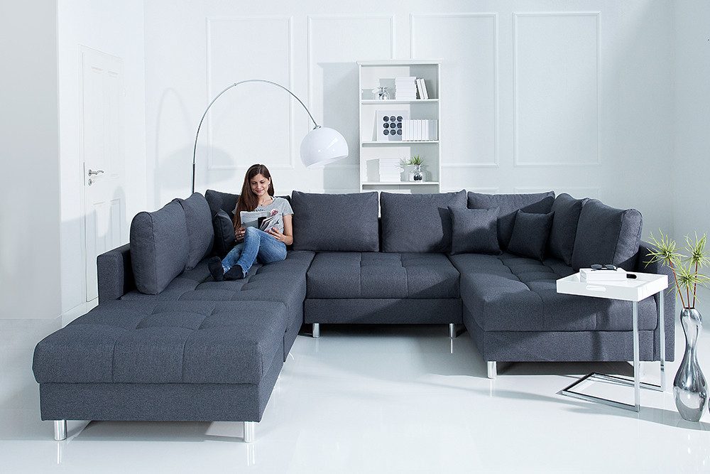 riess-ambiente Wohnlandschaft KENT 305cm anthrazit, Einzelartikel 1 Teile, Wohnzimmer · XXL · U-Form · Federkern · Stoff · Hocker & Kissen