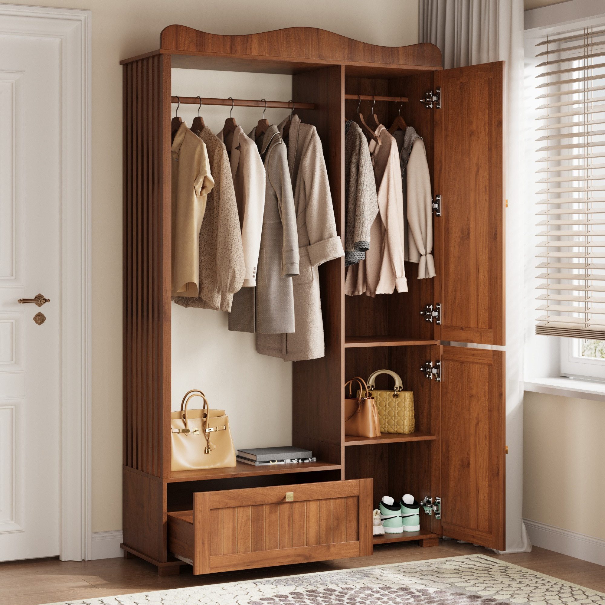 Merax Garderobenschrank mit Spiegel und Offener Kleiderständer, 115,5×38,5×194,5cm (1-St) Kompaktgarderobe mit Schublade & 2 Türen für Schlafzimmer und Flur