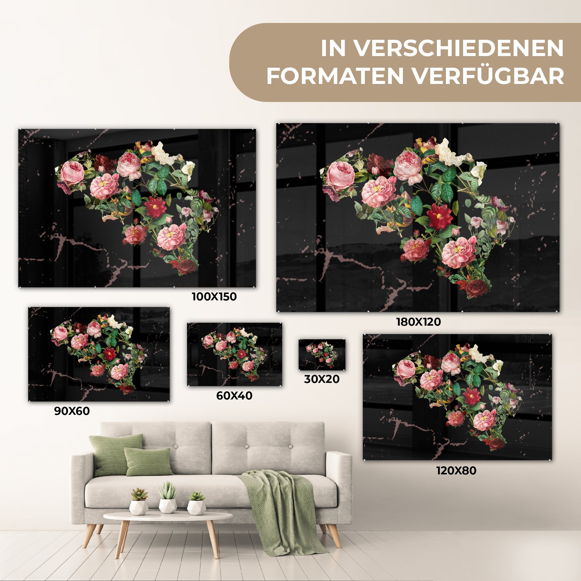 St), MuchoWow Wohnzimmer Karte Blumen, - Belgien & (1 - Acrylglasbild Schlafzimmer Acrylglasbilder