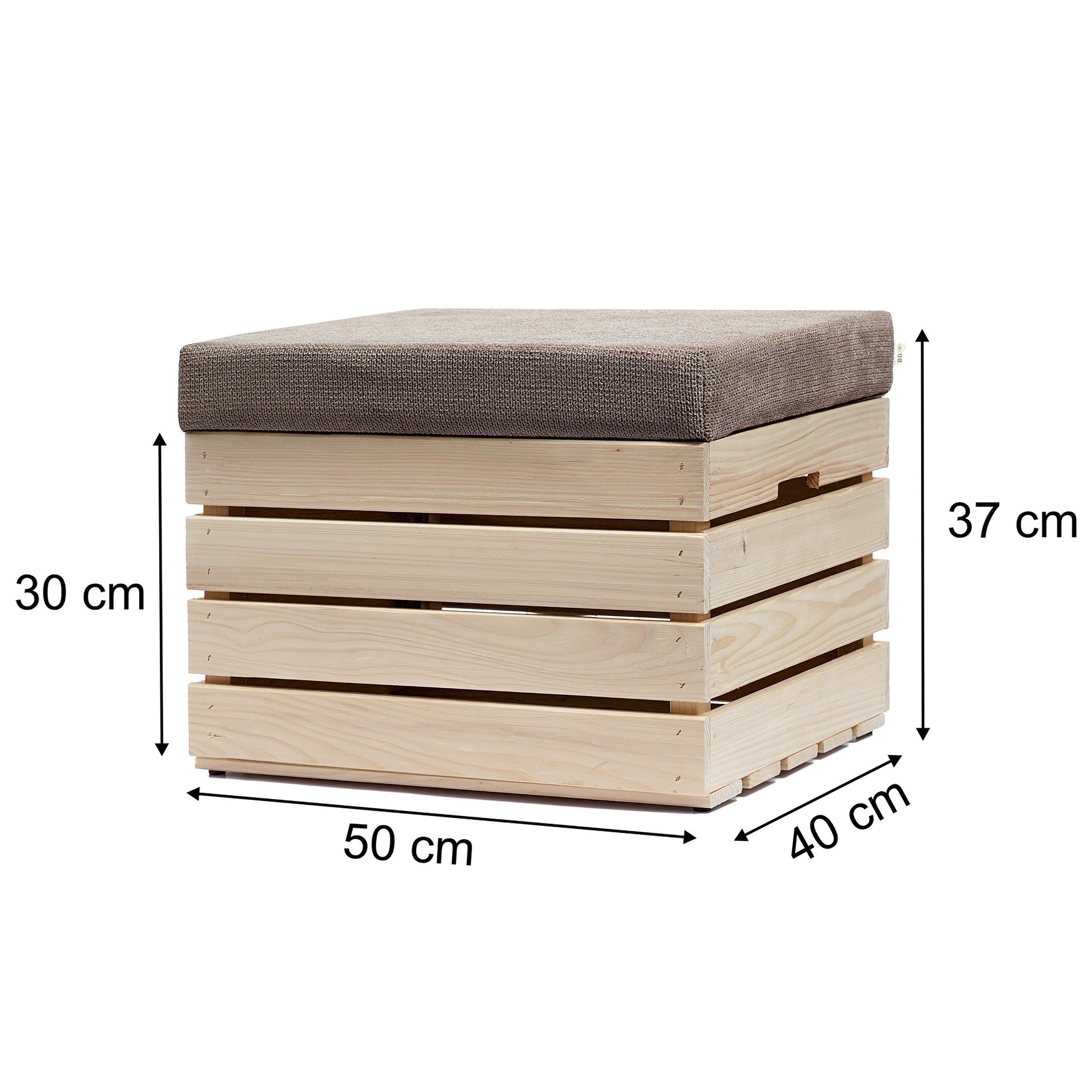 GrandBox Dekokiste Sitzhocker mit Stauraum 37x40x50 mit Polster – Naturholz (1er Set)