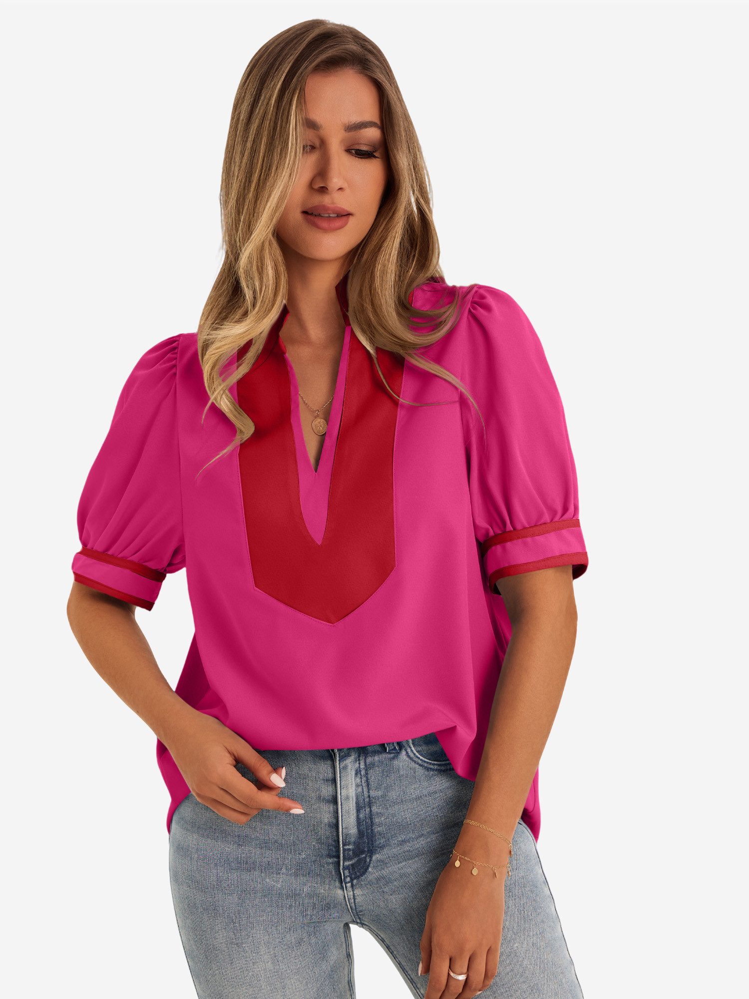 Imily Bela T-Shirt Damen Puffarmbluse mit V-Ausschnitt (Packung, 1-tlg., 1per-Pack) kontrastfarben – Bild 4 von 5