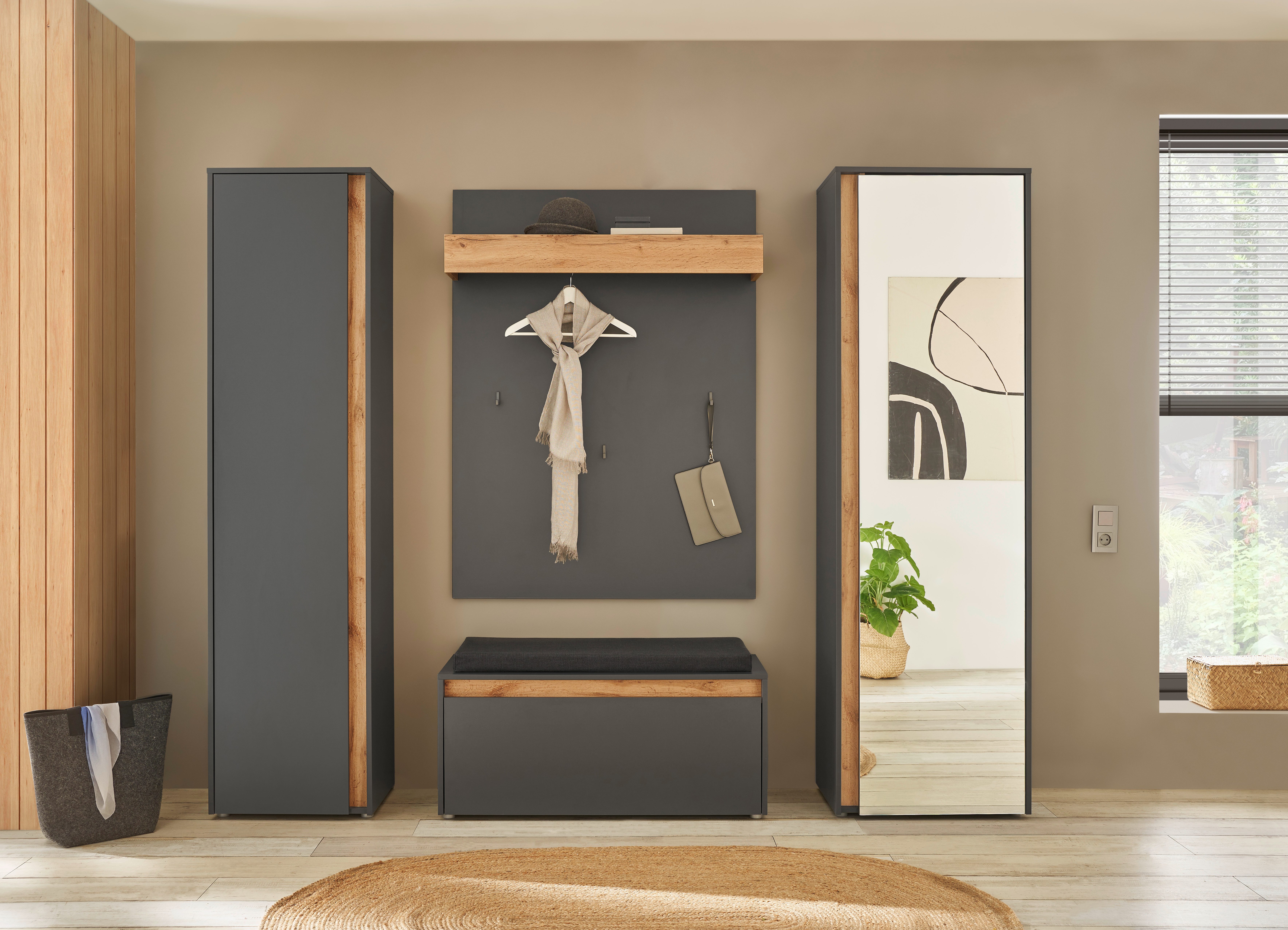 Home affaire Garderoben-Set GIRON/CiTY, moderne Garderobe, Komplettset mit viel Stauraum, (Komplett-Set, 4-St), enthält Garderobenschränke, Paneel & Schuhbank +Sitzkissen