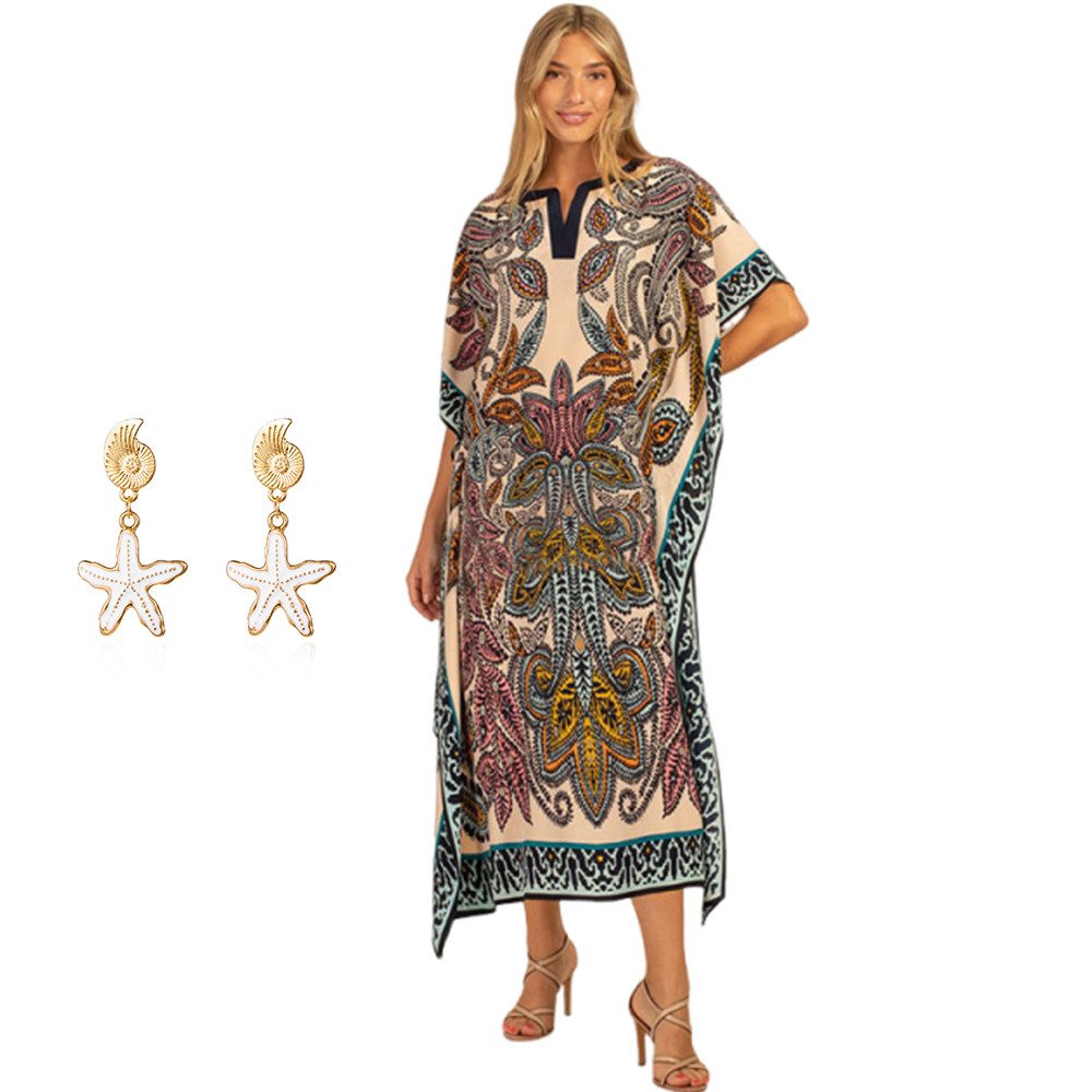 MOPUEA Strandkleid Kaftan Kleid Strandkleid Lang Einheitsgröß Ethno Atmungsaktiv+Ohrringe (1-tlg)