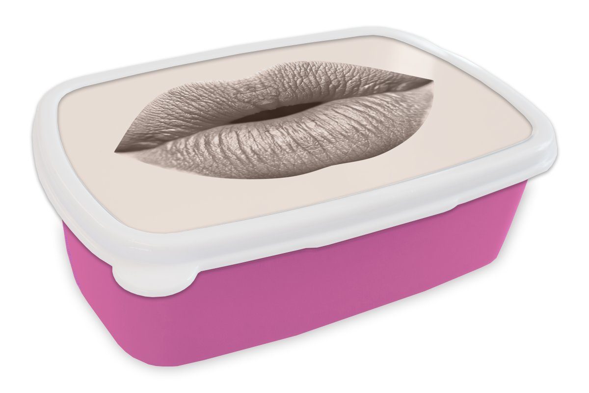 Kunststoff Mädchen, Kinder, - Kunststoff, Lippen Brotbox MuchoWow Lunchbox rosa Erwachsene, Grau, für Pastell Brotdose - Snackbox, (2-tlg),