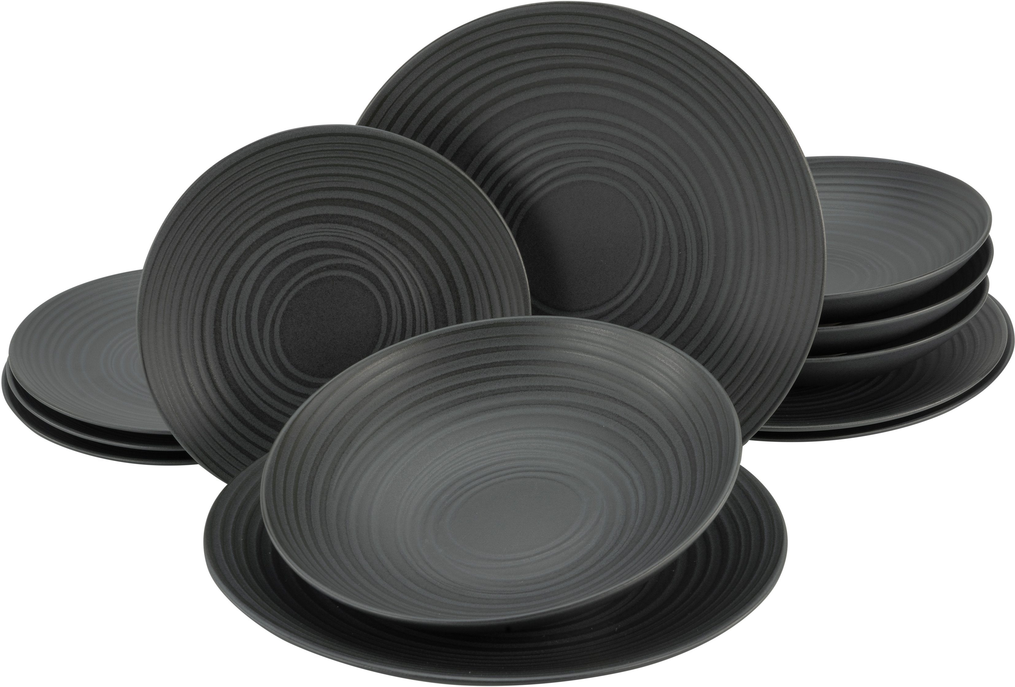 CreaTable Tafelservice Teller Set, Geschirr-Set Lava Stone (12-tlg), 4 Personen, Steinzeug, Service, schwarz, Reliefdekor, Made in Europe, 12 Teile für 4 Personen