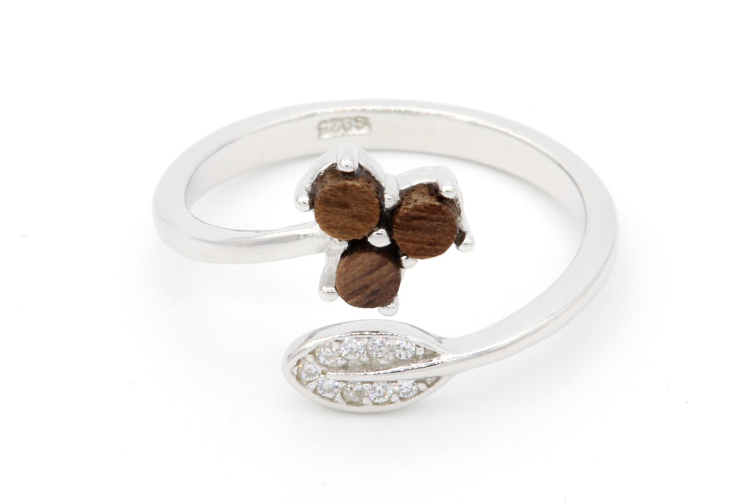 NaturSchatulle Fingerring Crystal Leaf (Holz & 925 Silber, Verstellbar, Holzring mit Holzeinlage), Damen Silber Schmuck, 925 Silber, Nussbaum Holz