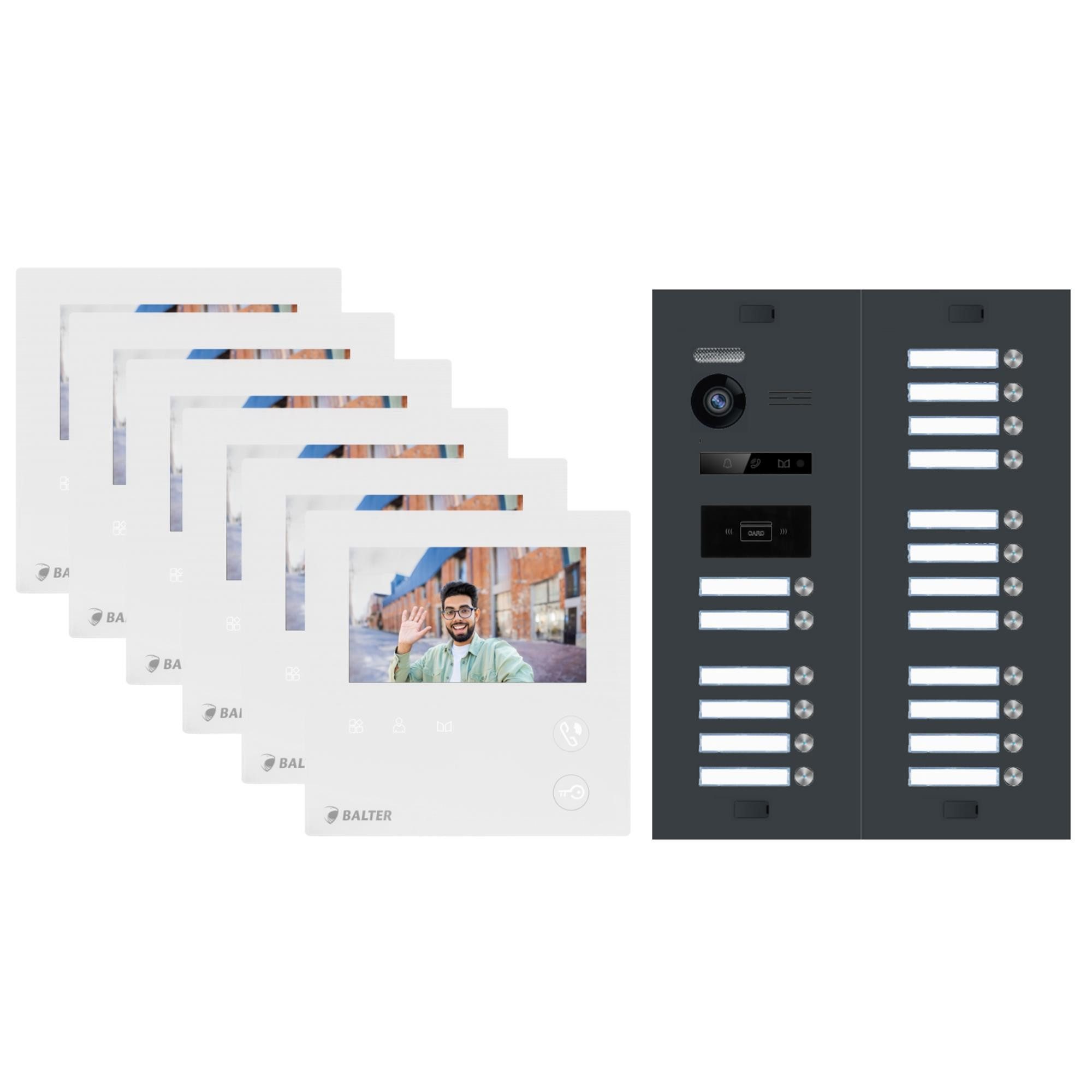 Balter Video-Türsprechanlage EVO MINI Komplettsystem für 18-Familienhaus Anthrazit 18x4.3" Monitore (Set, 18-Familienhaus, Komplettsett, 2-Draht BUS, 150° Weitwinkel-Kamera)