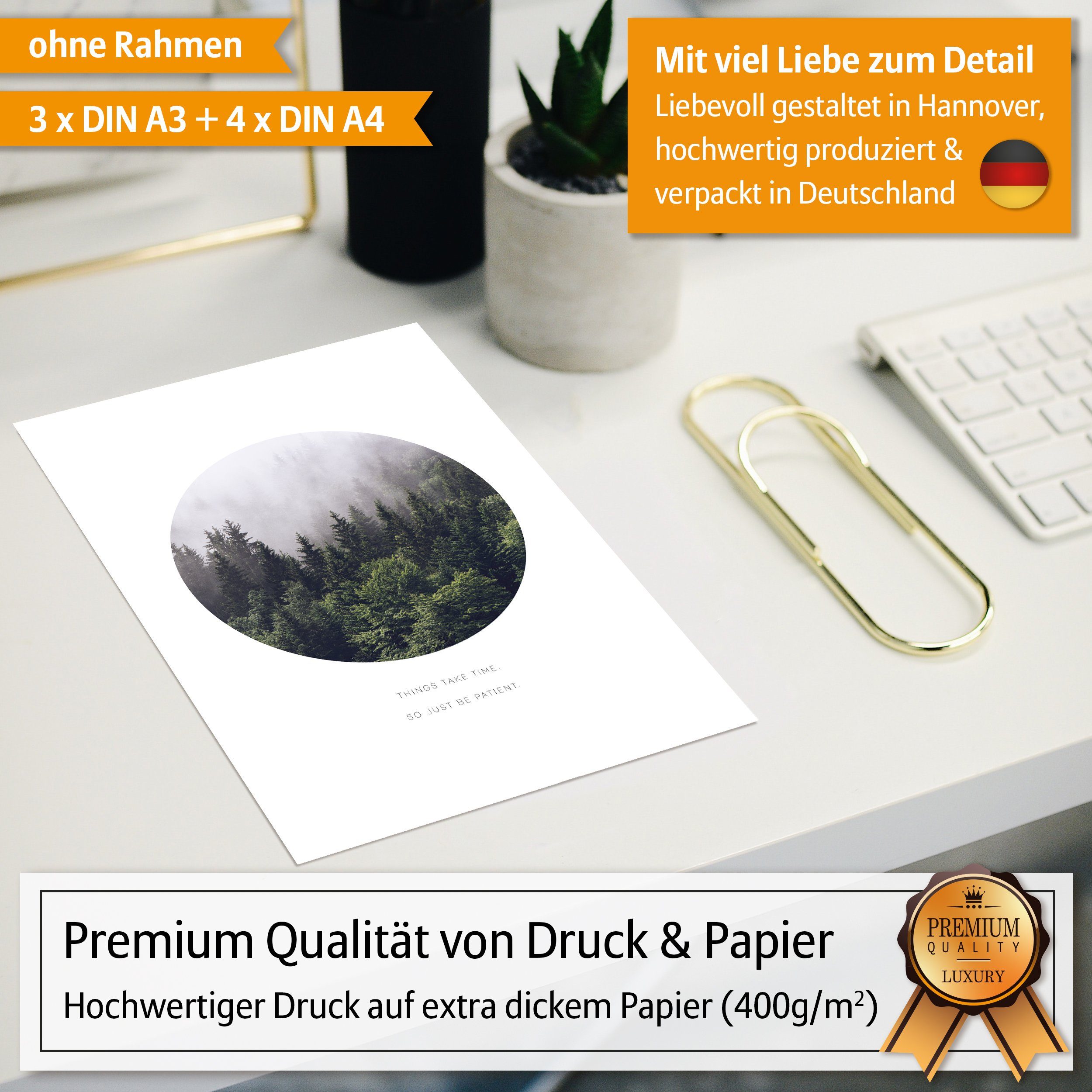 Hyggelig Home Poster Wälder - Premium Poster Set OHNE & MIT Rahmen - 7 Wandbilder Bäume, Natur (Set, 7 St), Collage Forest, Qualitätsdruck auf dickem Papier