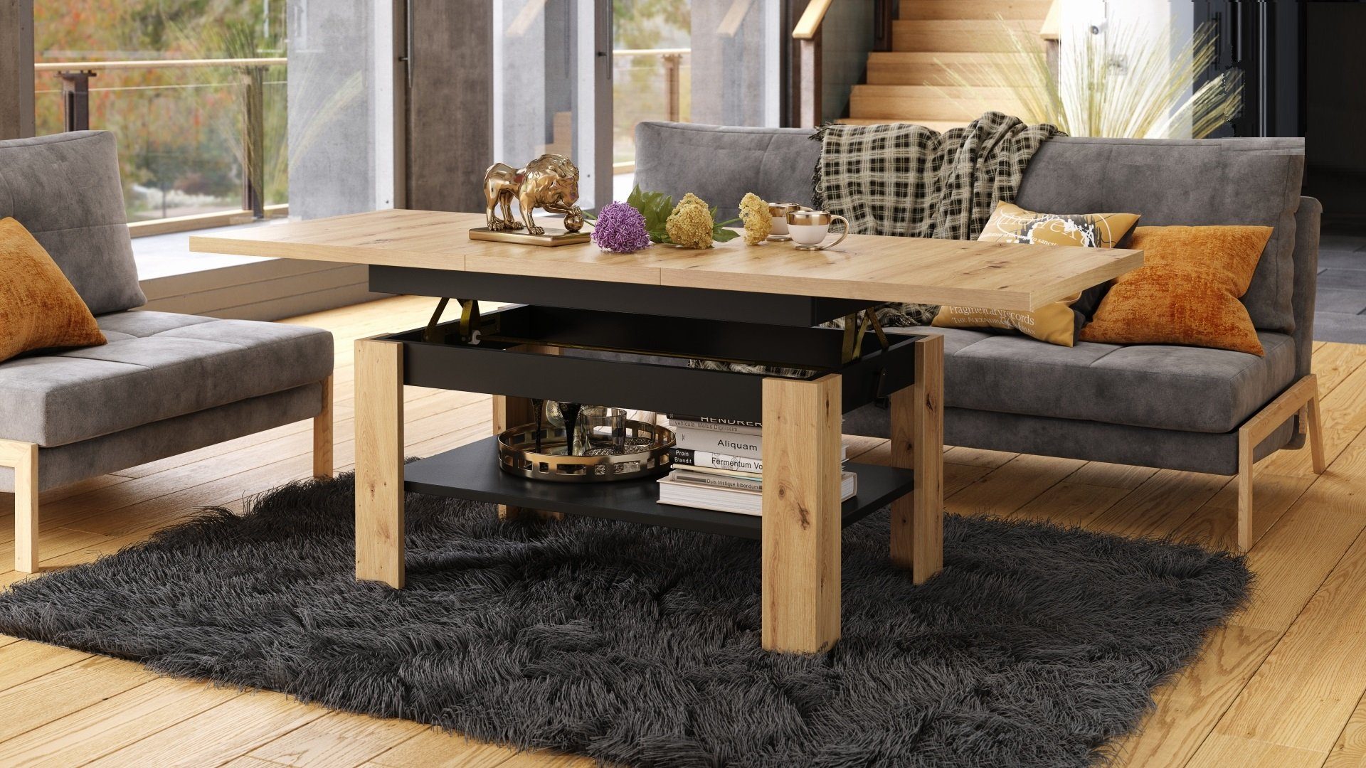 Mazzoni Couchtisch Artisan Eiche - 55 Schwarz höhenverstellbar Rio / stufenlos 170cm 130 Design 67cm ausziehbar matt 