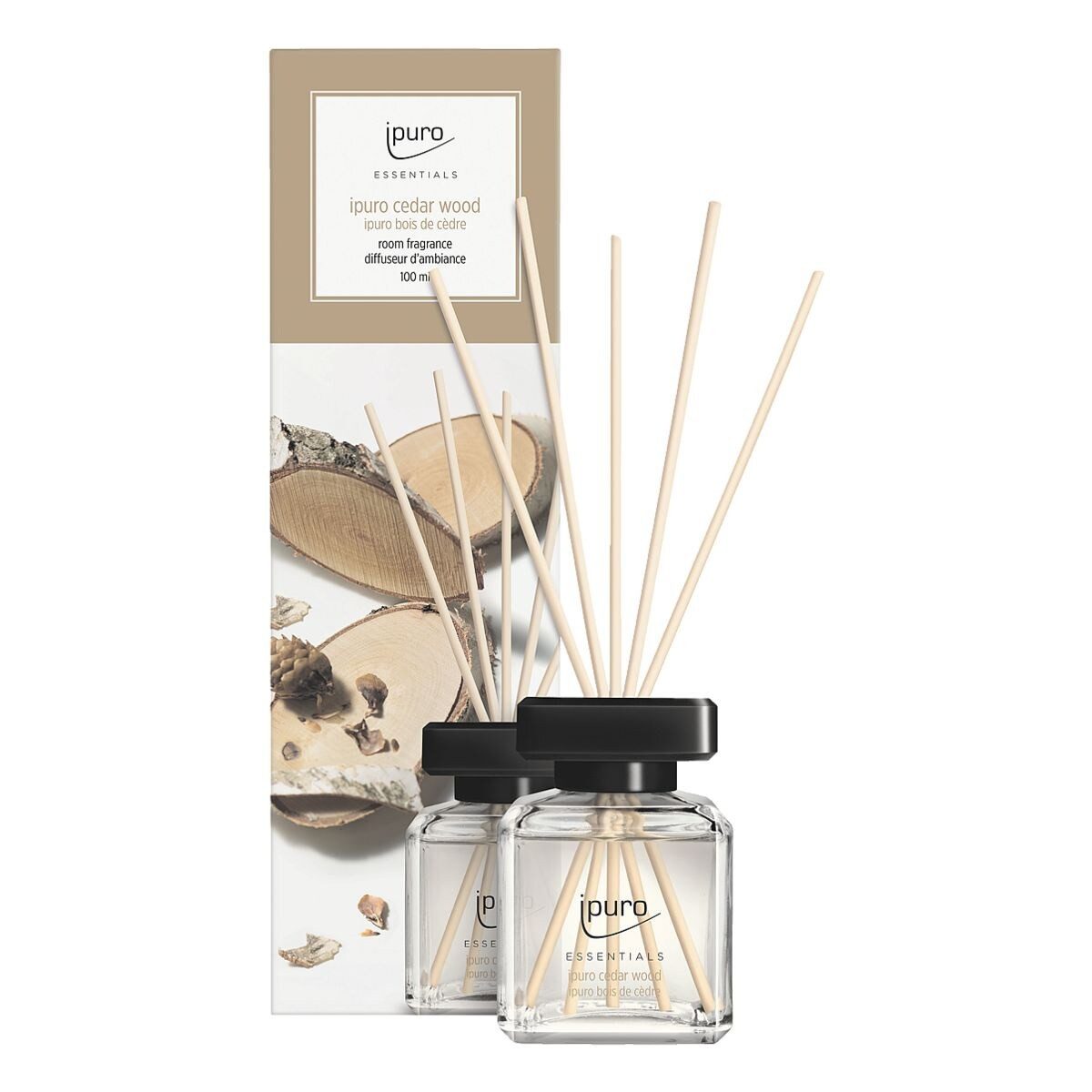 IPURO Raumduft Cedar Wood, 100 ml, Glasflakon mit Rattan-Holzstäbchen