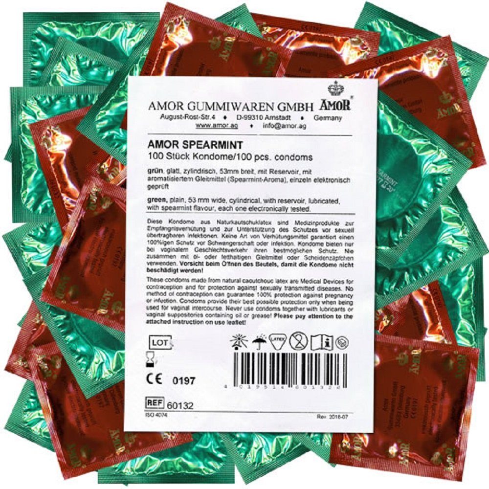 Amor Kondome Spearmint (Kondome mit Minze-Geschmack) Großpackung, Beutel mit, 100 St., grüne Kondome mit Pfefferminz-Aroma, prickelnd und erfrischend