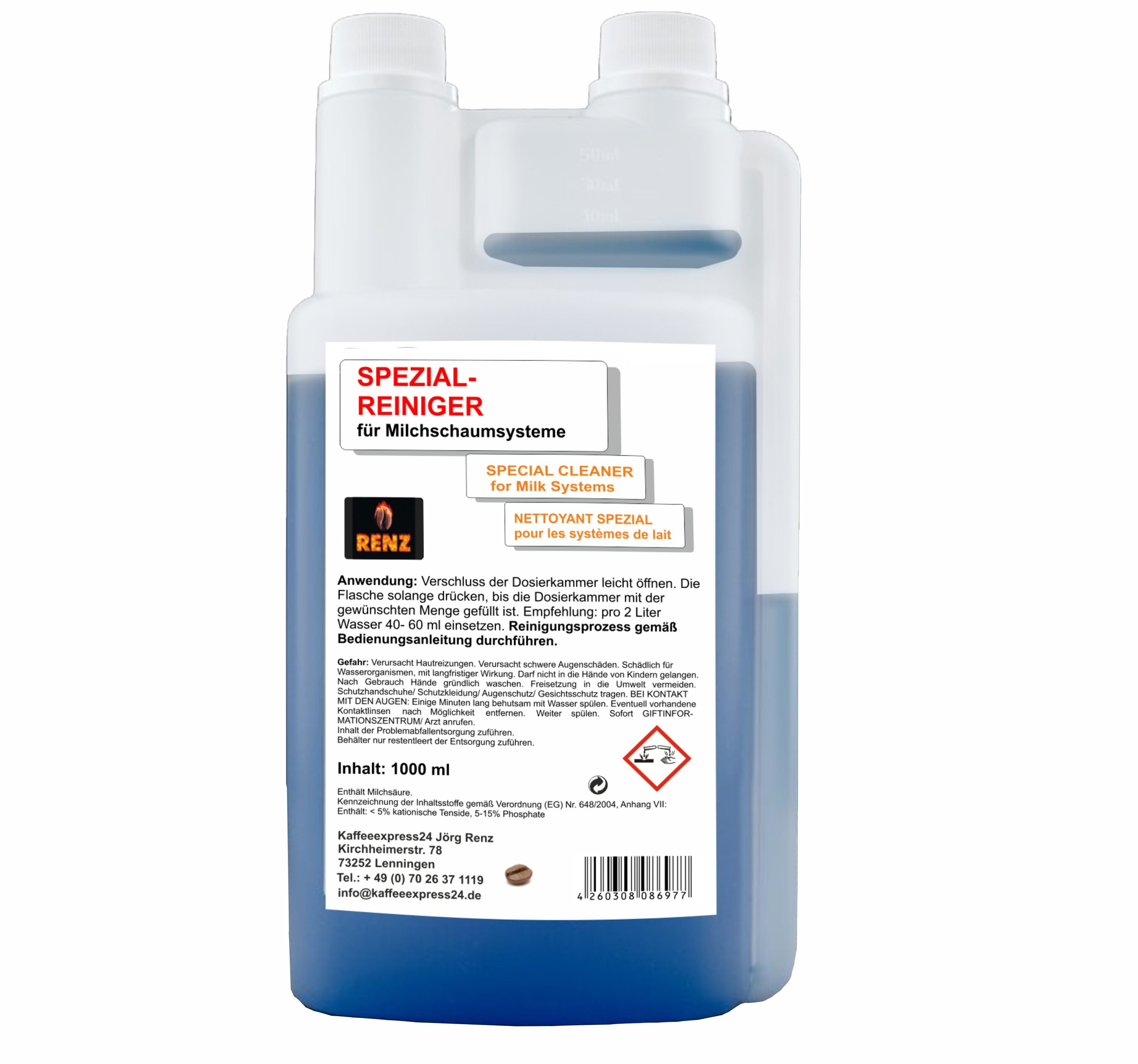 RENZ Milchschaumreiniger flüssig Konzentrat Milchsystem-Reiniger (Für Kaffeevollautomat, [1-St. Flasche mit pratischem Dosiersystem 1000 ml passend für Siemens, Jura, Bosch, Philips, DeLonghi)