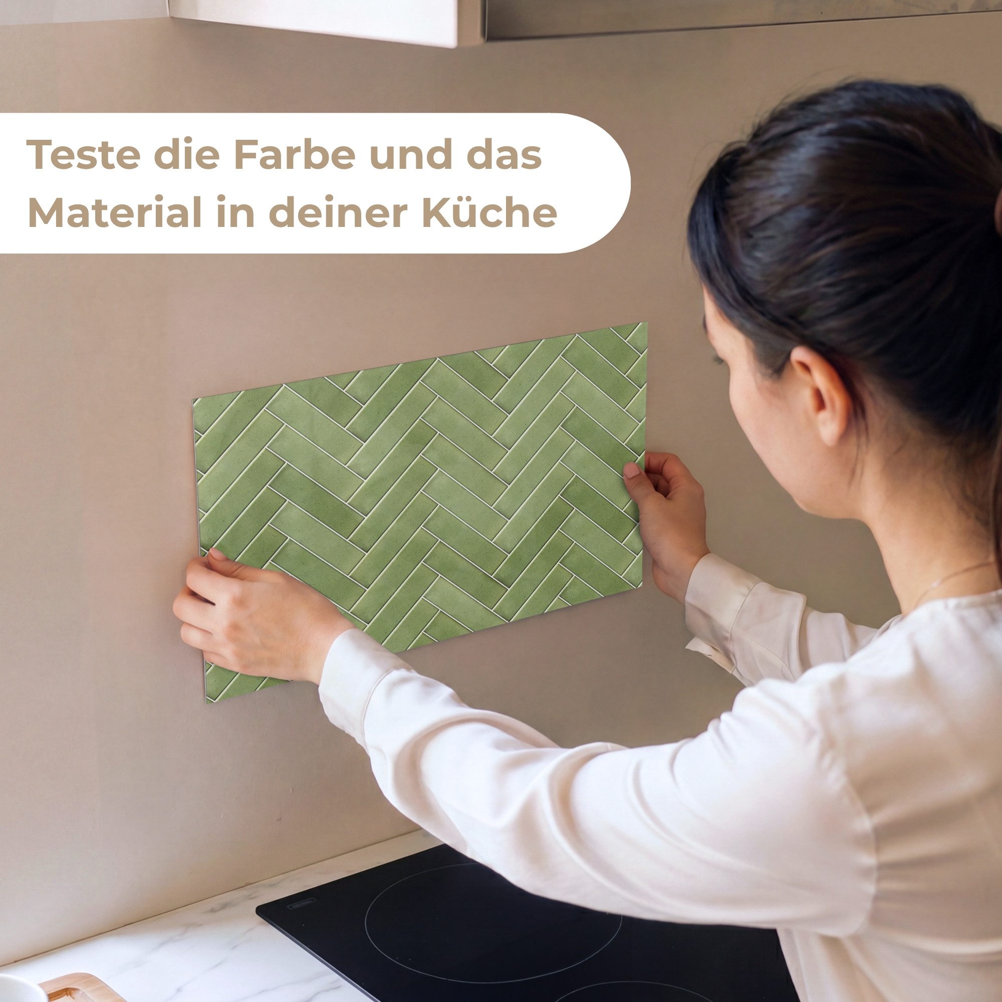 KitchenYeah Küchenrückwand Muster selbstklebend (keine Folie) Fischgrätmuster - Fliesen - Olivgrü, (1-tlg), Spritzschutz, Küche, Rückwand, Küchenwand, Küchenfront, 30x20 cm