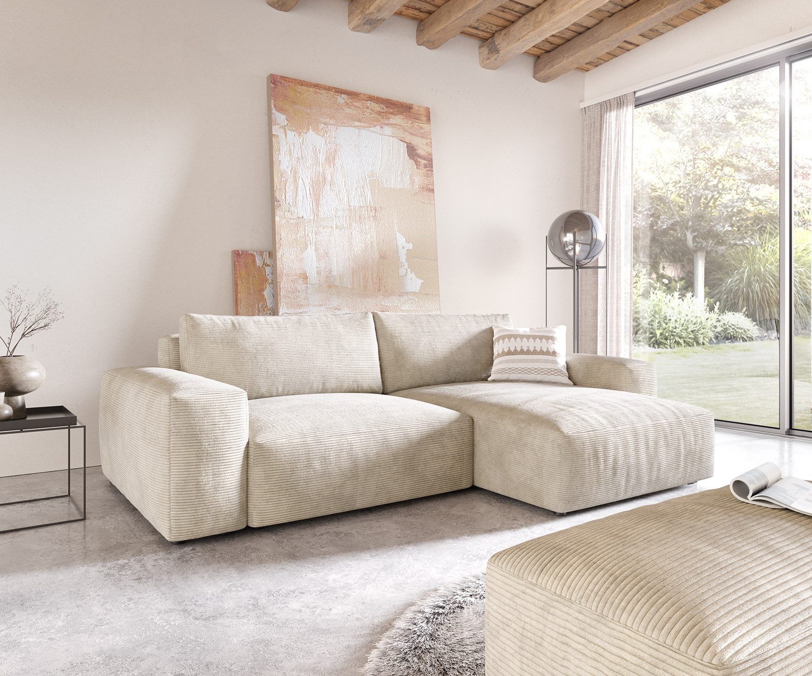 DELIFE Ecksofa Lanzo, XL Cord Beige 270x180 cm Recamiere variabel mit Hocke günstig online kaufen