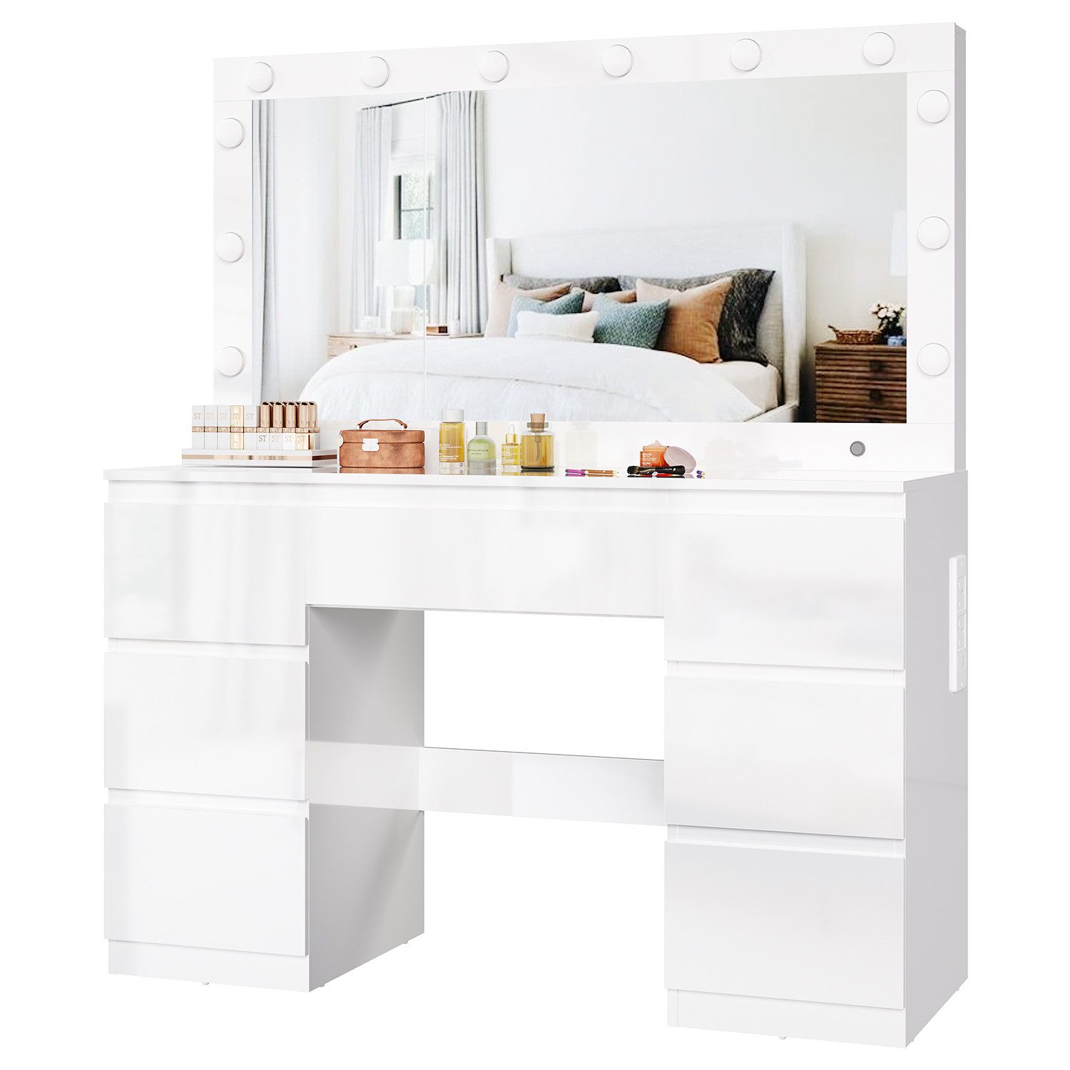 Furnicopia Schminktisch Großer verspiegelter Schminktisch mit sieben Schubladen (Abmessungen: 120 × 40 × 140 cm, 2 Steckdosen, 1 USB-Anschluss, 1 Typ-C-Anschluss. Spiegeldurchmesser: 106 cm. Inklusive Schmuckschrank mit speziellen Fächern für Halsketten, Ringe und Ohrringe-ostern geschenke)