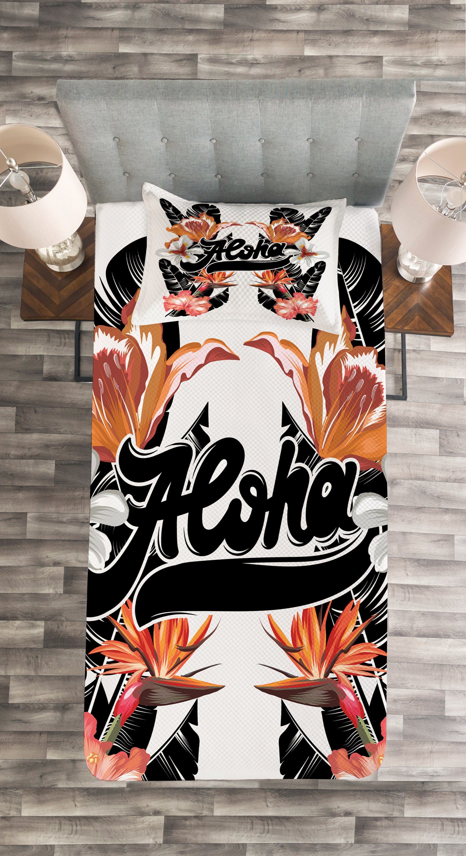 Tagesdecke Set mit Aloha Kissenbezügen Blumen Abakuhaus, Kalligraphie Waschbar, Blätter