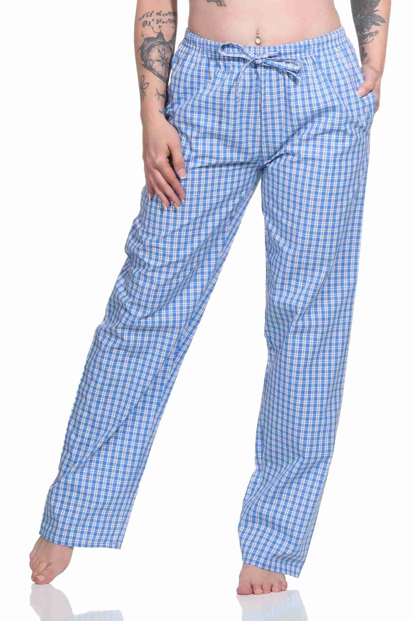 Normann Pyjama Damen Schlafanzug Hose lang gewebt aus Baumwolle – ideal zum relaxen blau