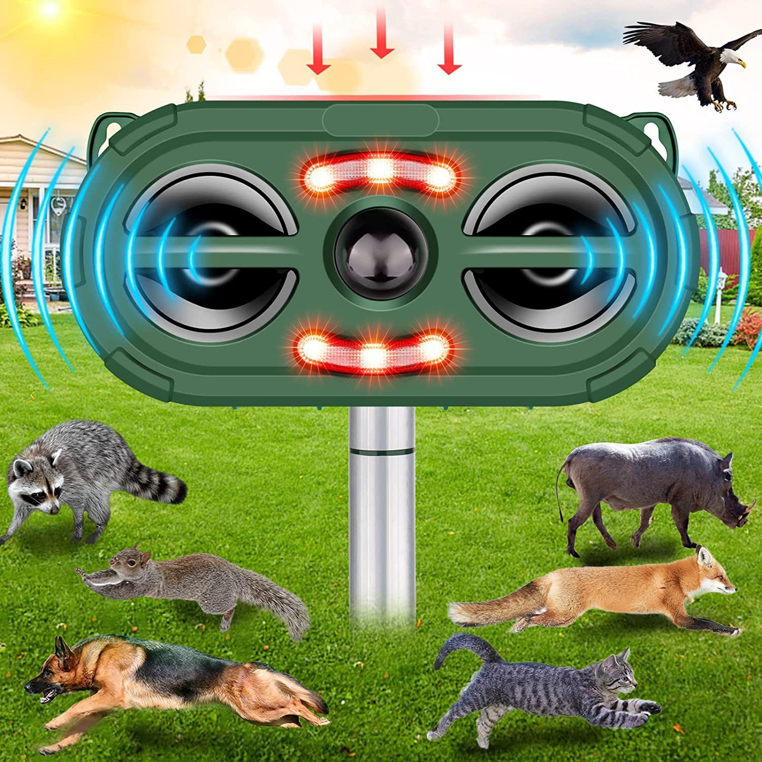 Ultraschall-Tierabwehr Ultraschall Tiervertreiber Katzenabwehr, Solar Katzenschreck