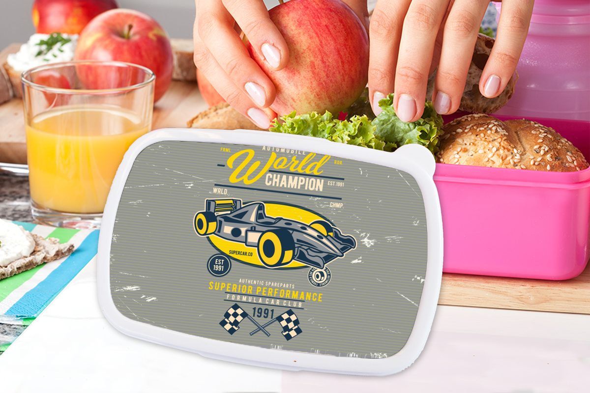 Rennwagen - (2-tlg), MuchoWow Lunchbox für rosa Erwachsene, Oldtimer Snackbox, - Kinder, Mädchen, Brotbox Kunststoff Flagge, Kunststoff, Brotdose