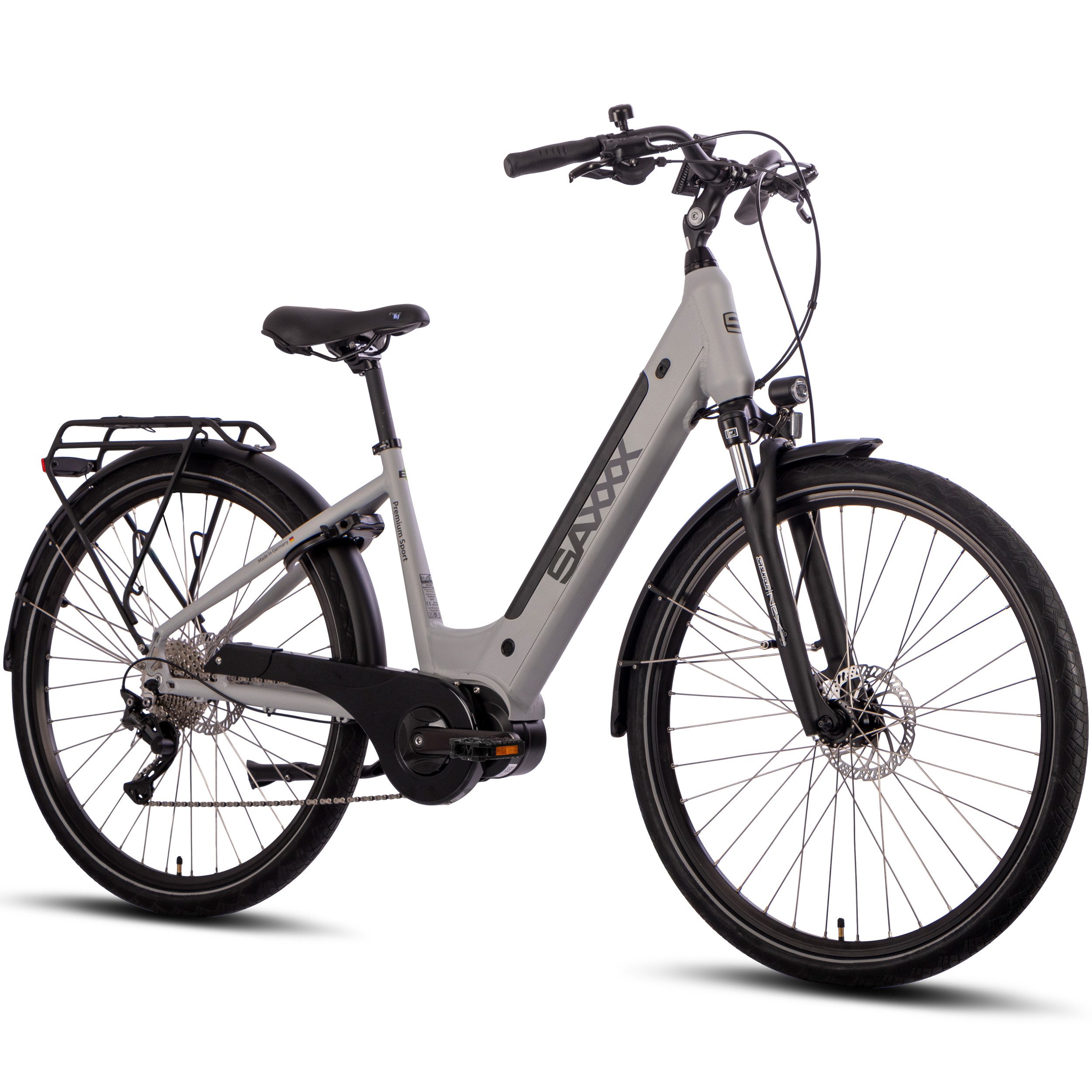 SAXXX E-Bike Trekkingrad 28'' für Damen und Herren, 522Wh, 110km, Pedelec mit Federgabel, 10 Gang SHIMANO Deore Schaltwerk, Kettenschaltung, Mittelmotor, 522 Wh, (mit Akku-Schlüssel, mit Rahmenschloss, mit Gepäckträger), Elektrofahrrad mit Pannenschutzreifen, Reflexst., hydr. Scheibenbremse