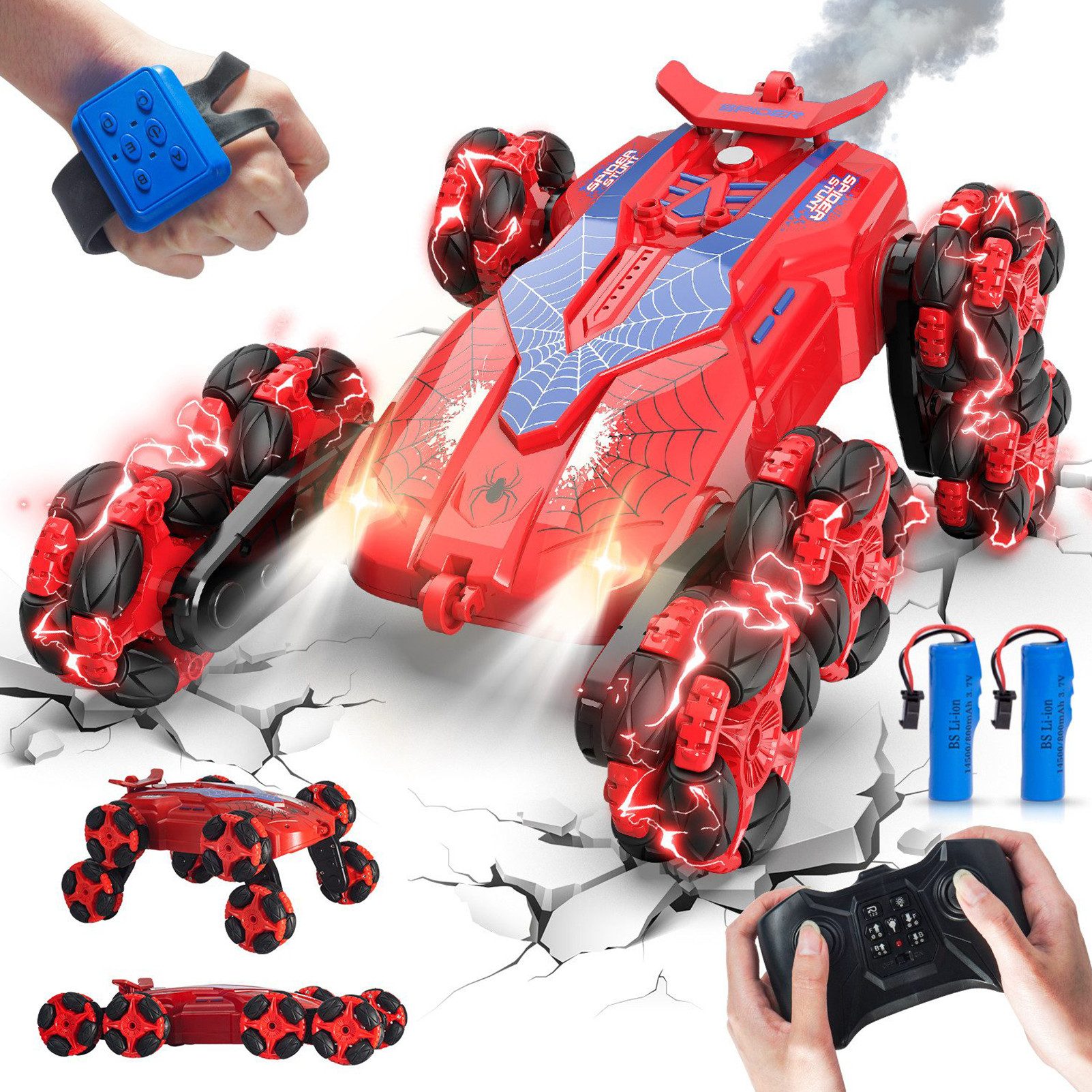 Esun RC-Auto Ferngesteuertes Auto, Auto Ferngesteuert ab 4 6 8 10 Jahre 8WD RC Auto (SET, 2.4GHz Ferngesteuerter car), RC Stunt Drift Car mit LED Licht und Spray, Spider