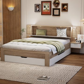 Welikera Holzbett 140x200cm Doppelbett,Bettanlage mit 2 Nachttisch,Schubladen,Paneelbett, mit 2 LED Nachtkommoden,Aufklappbarer Ablage,MDF + Spanplatte