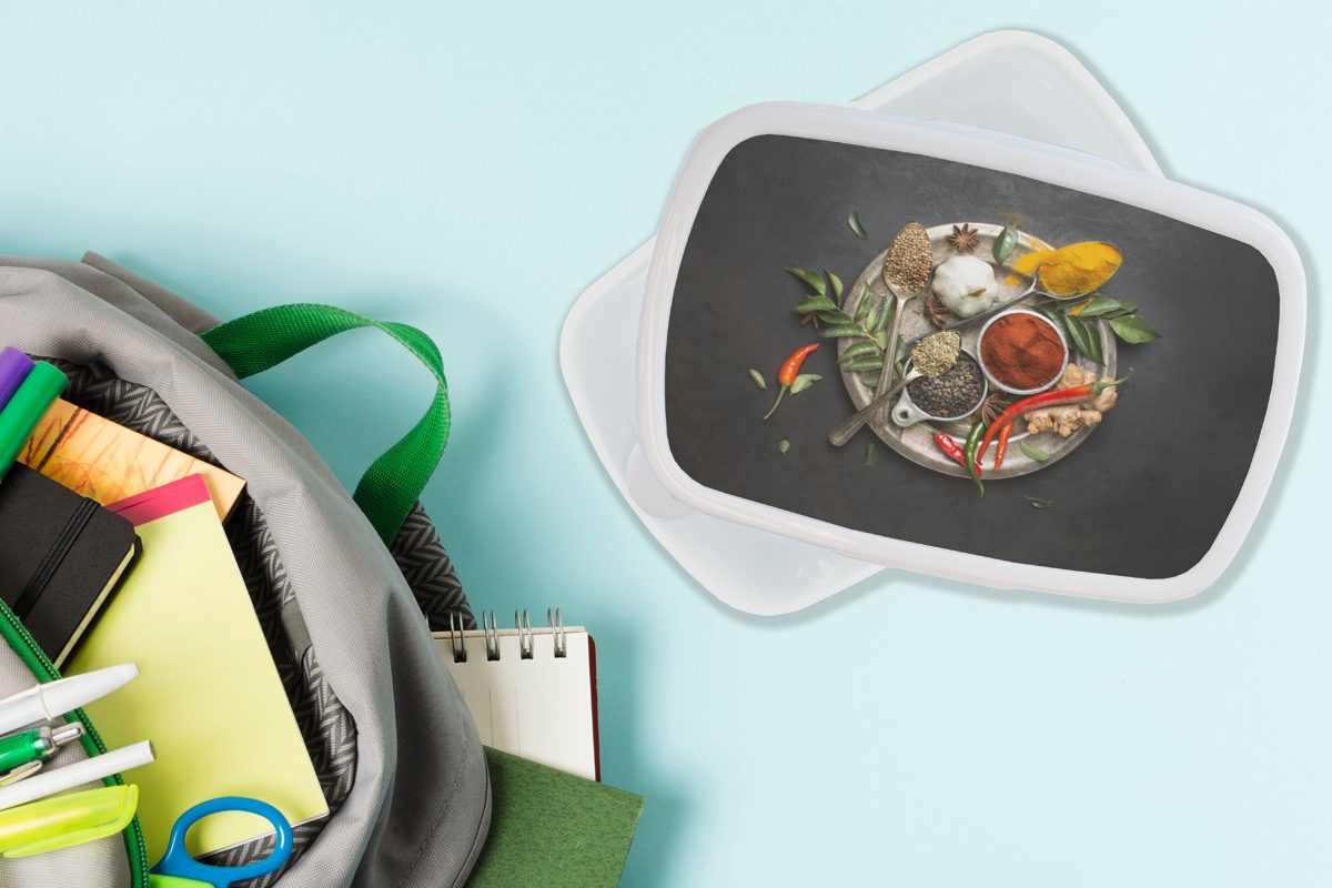 MuchoWow Lunchbox Ein Teller mit Jungs Kunststoff, bei Mädchen Erwachsene, Gewürzen, Brotdose, Kinder Gerichte, Brotbox indischer für und weiß (2-tlg), für Zubereitung und der die