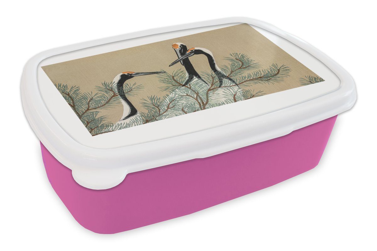 MuchoWow Lunchbox Kranich - Blätter - Vintage - Japanisch - Skandinavisch, Kunststoff, (2-tlg), Brotbox für Erwachsene, Brotdose Kinder, Snackbox, Mädchen, Kunststoff rosa